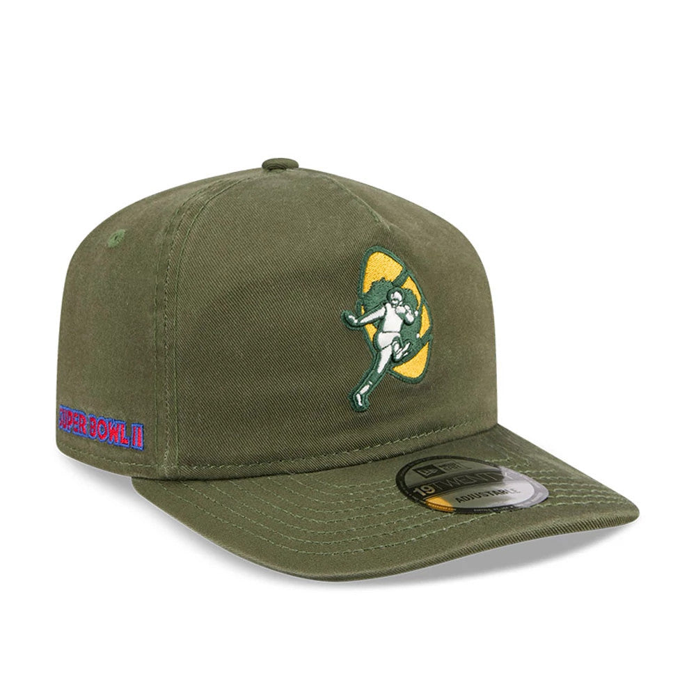 Green Bay Packers NFL Championship Dark Green New Era 19TWENTY Adjustable Cap, front view showing the green and yellow embroidered Packers logo on the front panel, with a flat dark green visor and 19TWENTY size sticker.
