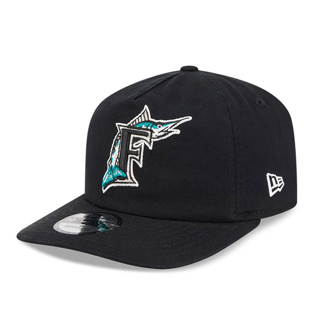 Miami Marlins MLB Championship Black New Era 19TWENTY Adjustable Cap, three-quarter view showing the raised embroidered teal and white logo on the front panel, black curved visor with size sticker, and white New Era flag logo on the left side.