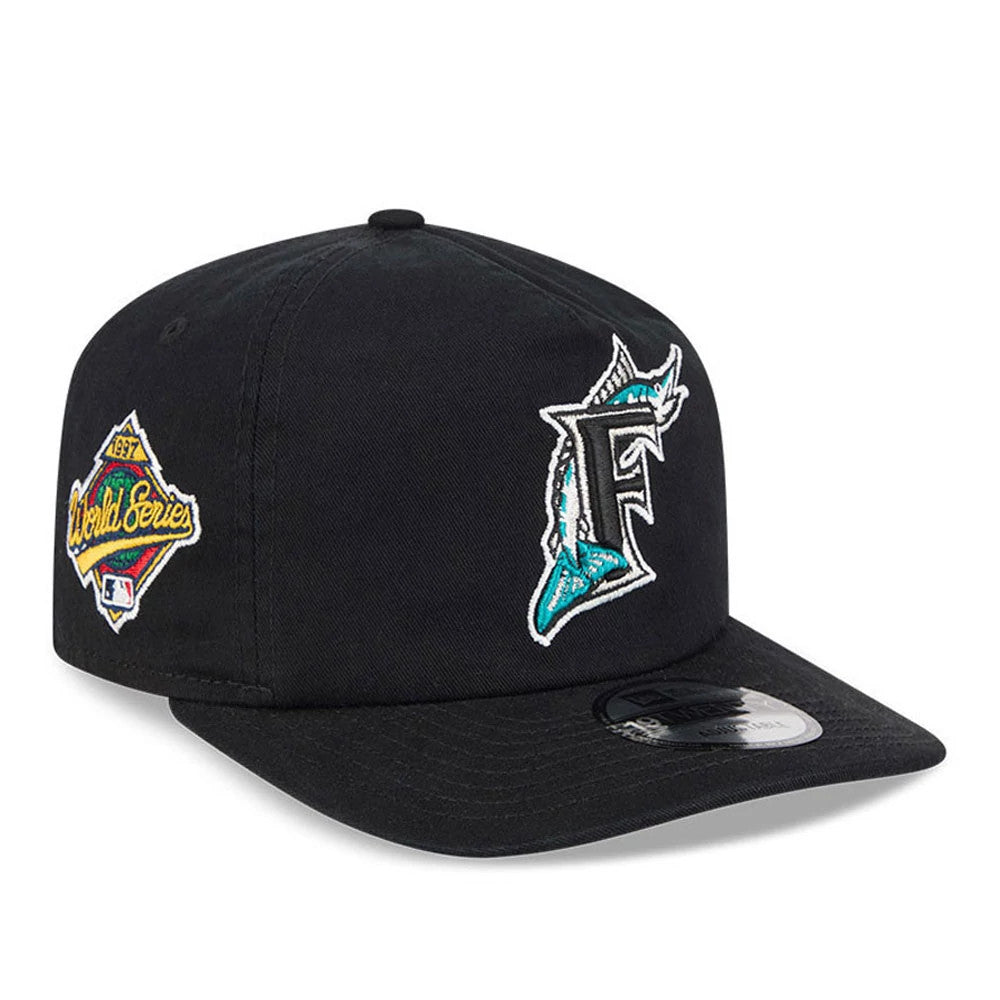 Miami Marlins MLB Championship Black New Era 19TWENTY Adjustable Cap, three-quarter view showing the raised black and teal Marlins logo on the front panel, a 1997 World Series patch on the right side.