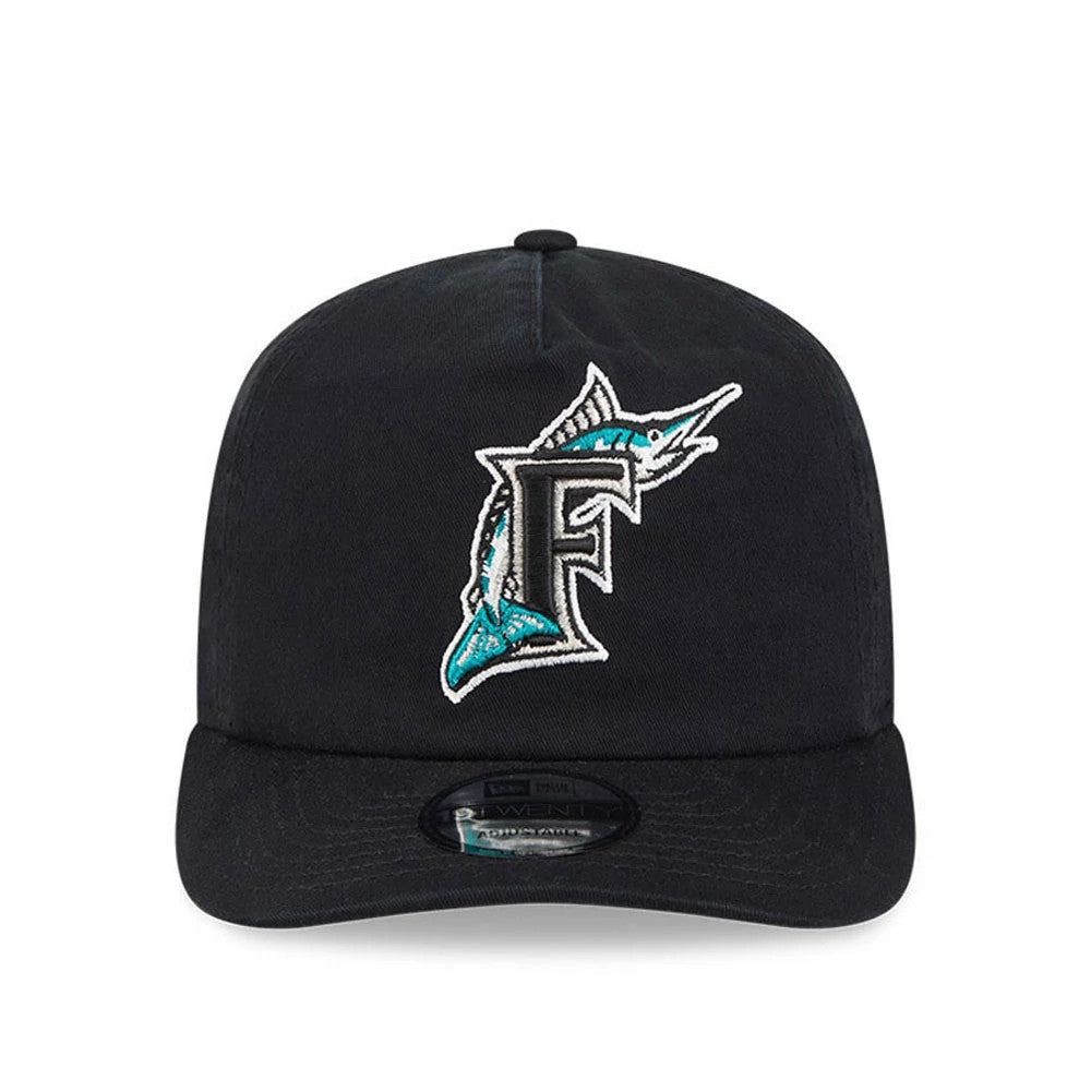 Miami Marlins MLB Championship Black New Era 19TWENTY Adjustable Cap, front view showing a raised embroidered teal and silver marlin logo with an F on the structured black crown and a flat black visor with a 19TWENTY size sticker.