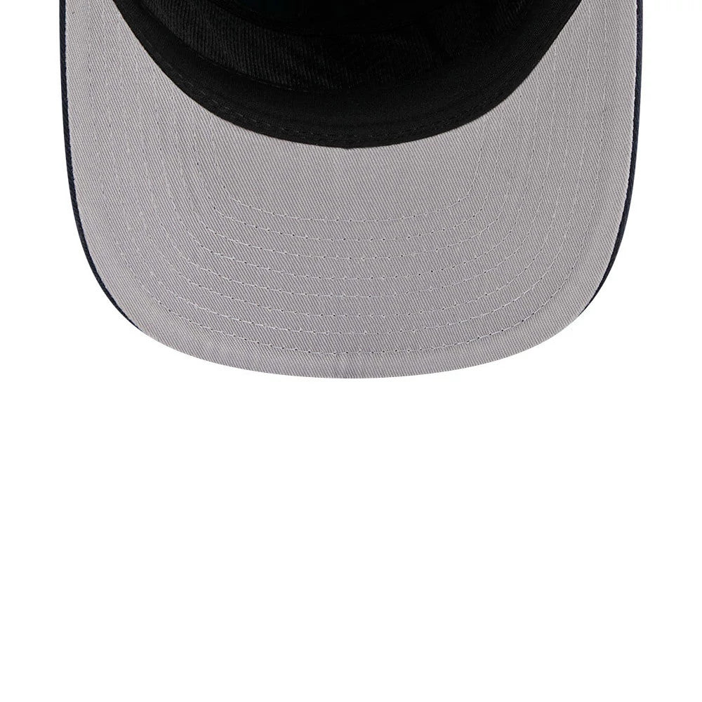 New York Mets MLB Classic Blue Dogear New Era 59FIFTY Fitted Cap, inside view showing a black undervisor and a black sweatband, with detailed stitching on the grey visor underside.