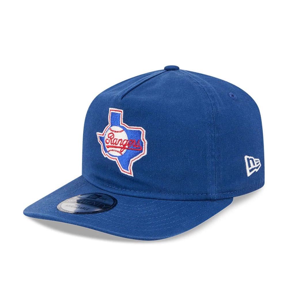 Texas Rangers MLB Championship Blue New Era 19TWENTY Adjustable Cap, three-quarter view showing a red and white raised embroidery Rangers logo on the front panel, blue flat visor and a New Era flag logo on the left side.