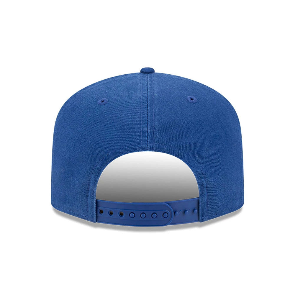 Texas Rangers MLB Championship Blue New Era 19TWENTY Adjustable Cap, rear view showing the plain back with an adjustable blue strap and a matching top button, set on the unstructured blue crown.