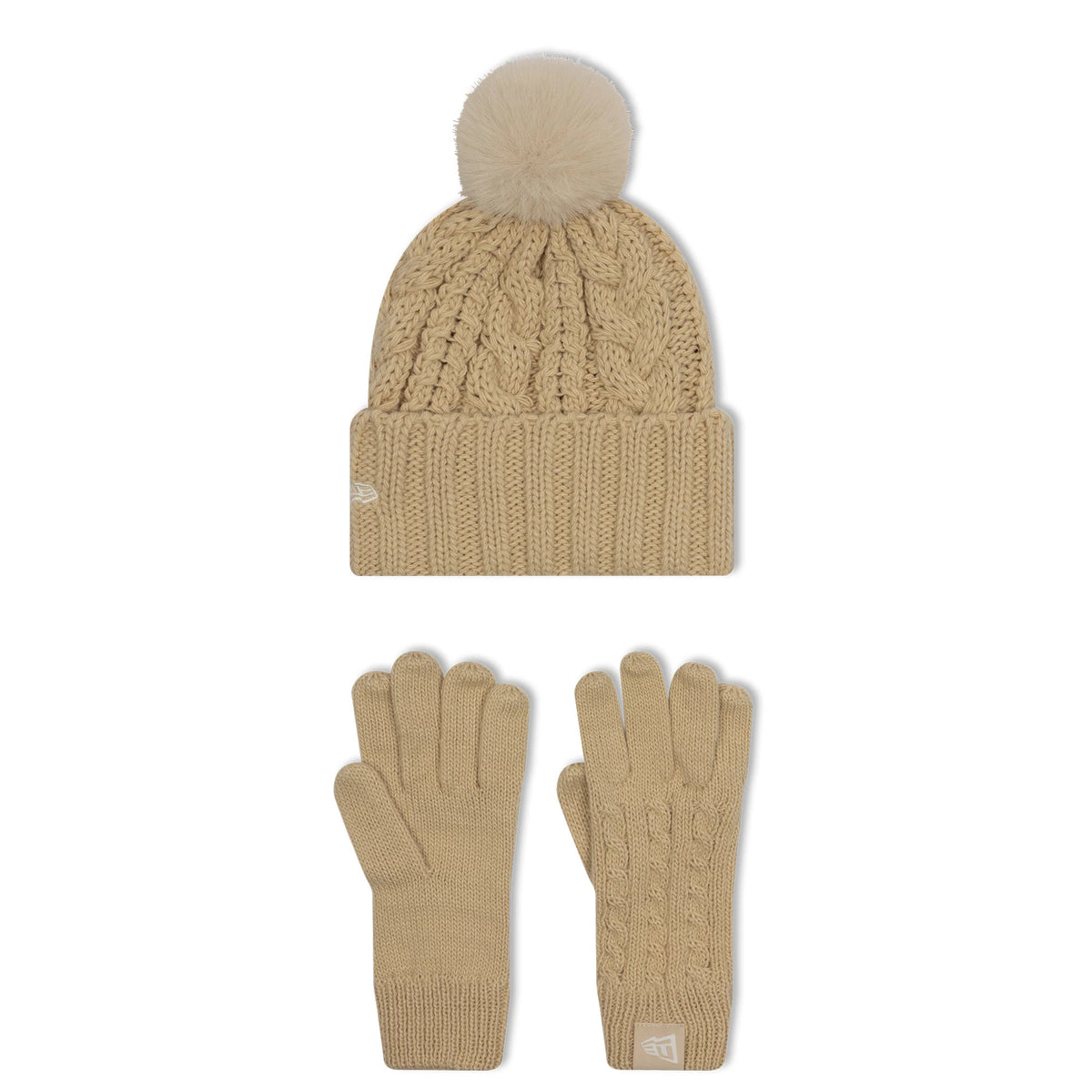 New Era New York Yankees Youth MLB Beige Beanie & Gloves Set, front view showing a beige cable-knit beanie with a fluffy pom-pom and the New Era flag logo, alongside matching knit gloves with ribbed cuffs and Yankees logo tag.
