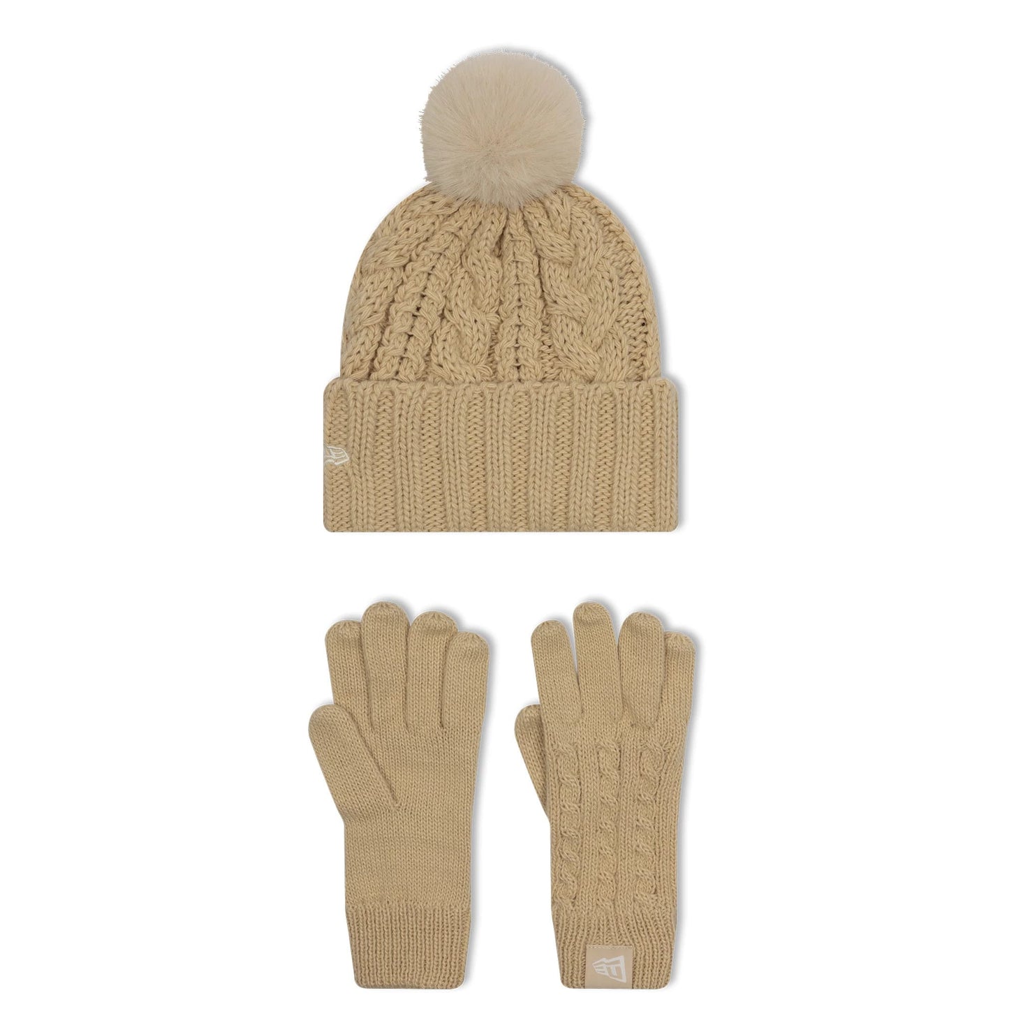 New Era New York Yankees Youth MLB Beige Beanie & Gloves Set, front view showing a beige cable-knit beanie with a fluffy pom-pom and the New Era flag logo, alongside matching knit gloves with ribbed cuffs and Yankees logo tag.
