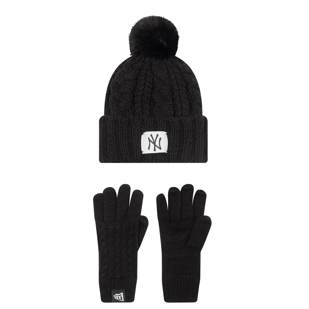 New Era New York Yankees Youth MLB Black Beanie & Gloves Set, front view showing the cable-knit black beanie with a white NY logo patch on the cuff and a matching black pom-pom, alongside black gloves featuring a small New Era flag logo.