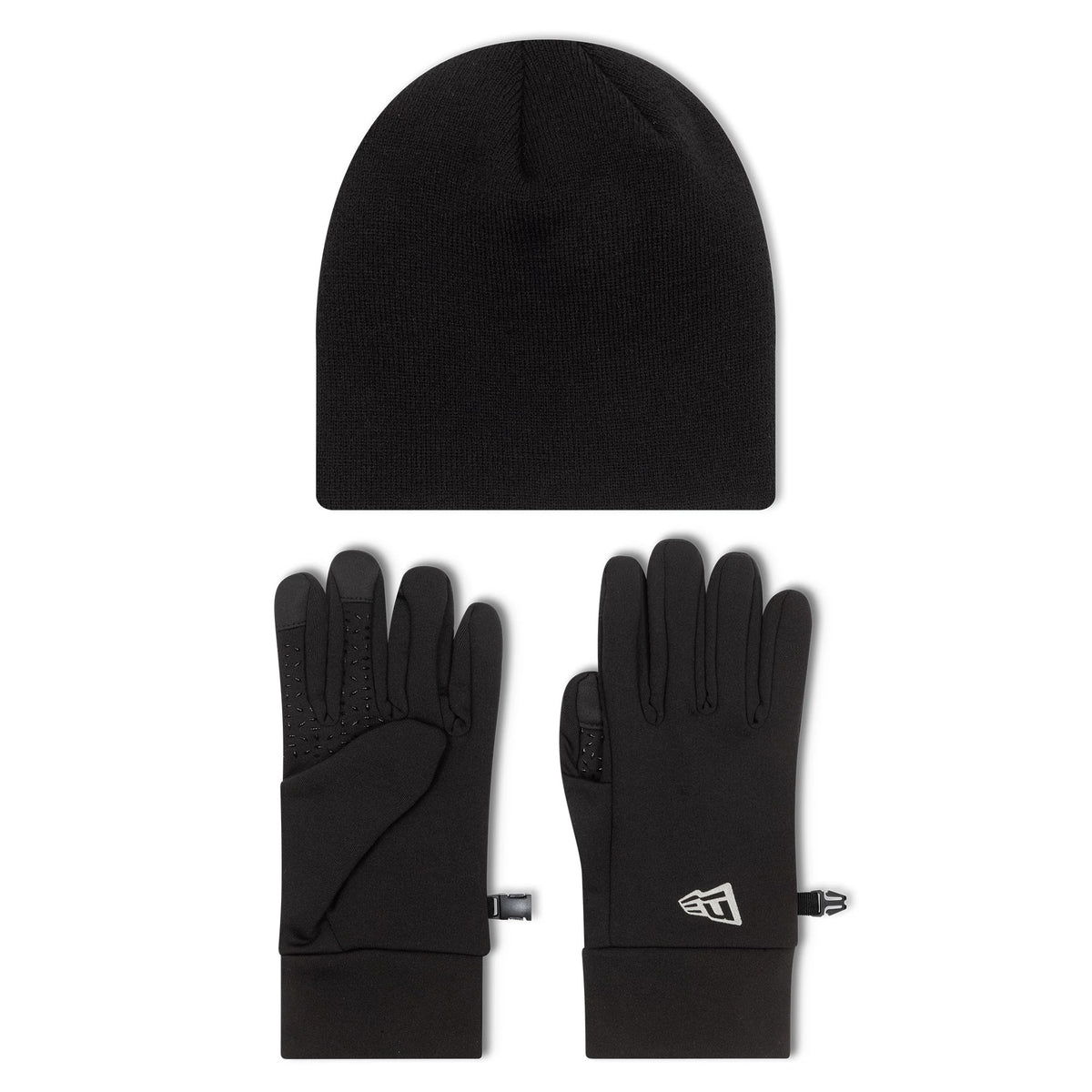 New Era Black Beanie & Gloves Set, top view showing a plain black beanie alongside a pair of black gloves with textured grips on the palms and white New Era flag logo on the right glove cuff.