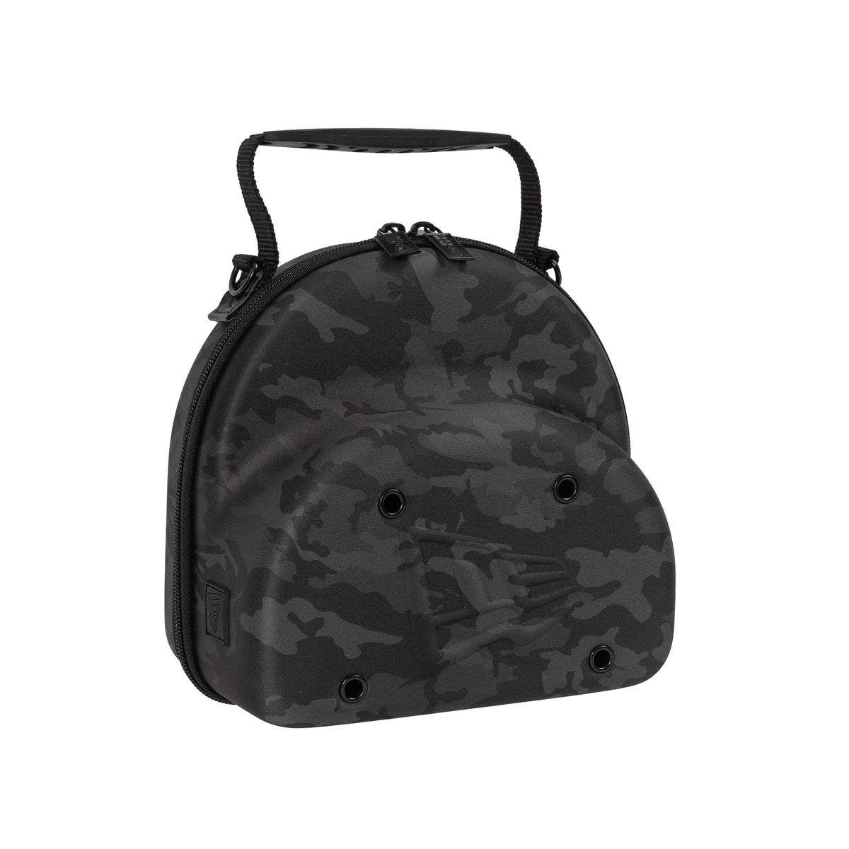 New Era Camo Black 2Pk 59FIFTY Cap Carrier, side view showcasing the rounded form with a camo pattern, zip closure along the edge, a carry handle on top, and a debossed New Era logo on the front beneath the eyelets.