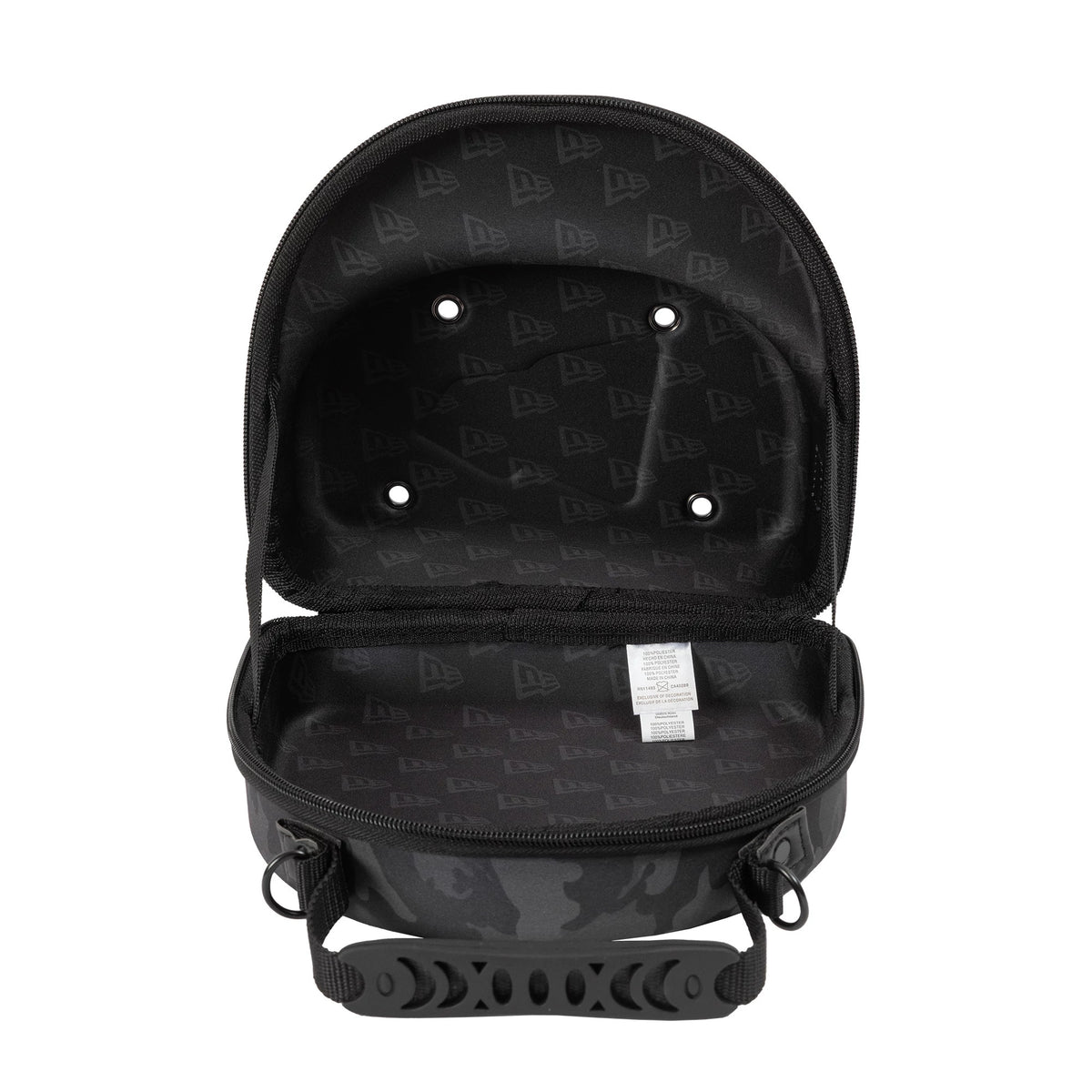 New Era Camo Black 2Pk 59FIFTY Cap Carrier, open view showing the lid lifted back revealing interior eyelets and a repeated debossed New Era logo pattern, with a handle on the base of the camo-patterned shell.