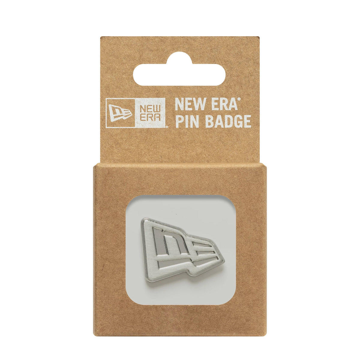 New Era Flag Silver Pin Badge, front view in packaging showing a silver embossed New Era flag logo pin, housed in a kraft brown card with a clear window and New Era branding above.