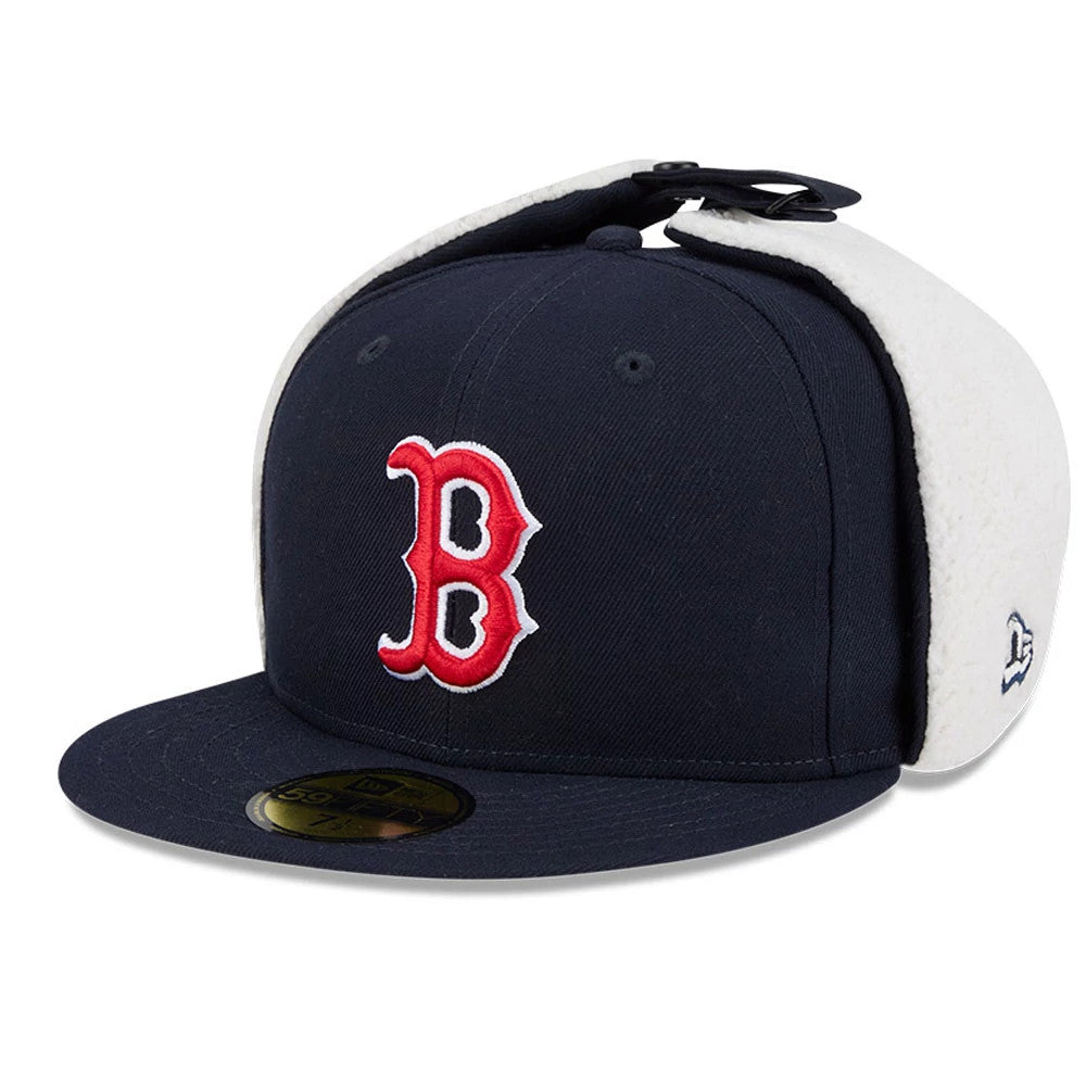 Boston Red Sox MLB Classic Navy Dogear New Era 59FIFTY Fitted Cap, three-quarter view showing the red and white embroidered B logo on the front panel, navy visor with a gold 59FIFTY size sticker, and white fleece dogears.