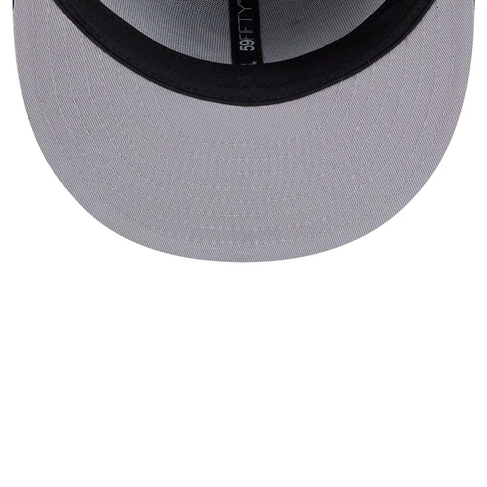 Atlanta Braves MLB Classic Navy Dogear New Era 59FIFTY Fitted Cap, inside view showing a grey undervisor, black sweatband with 59FIFTY taping, and structured interior panels supporting a flat visor.