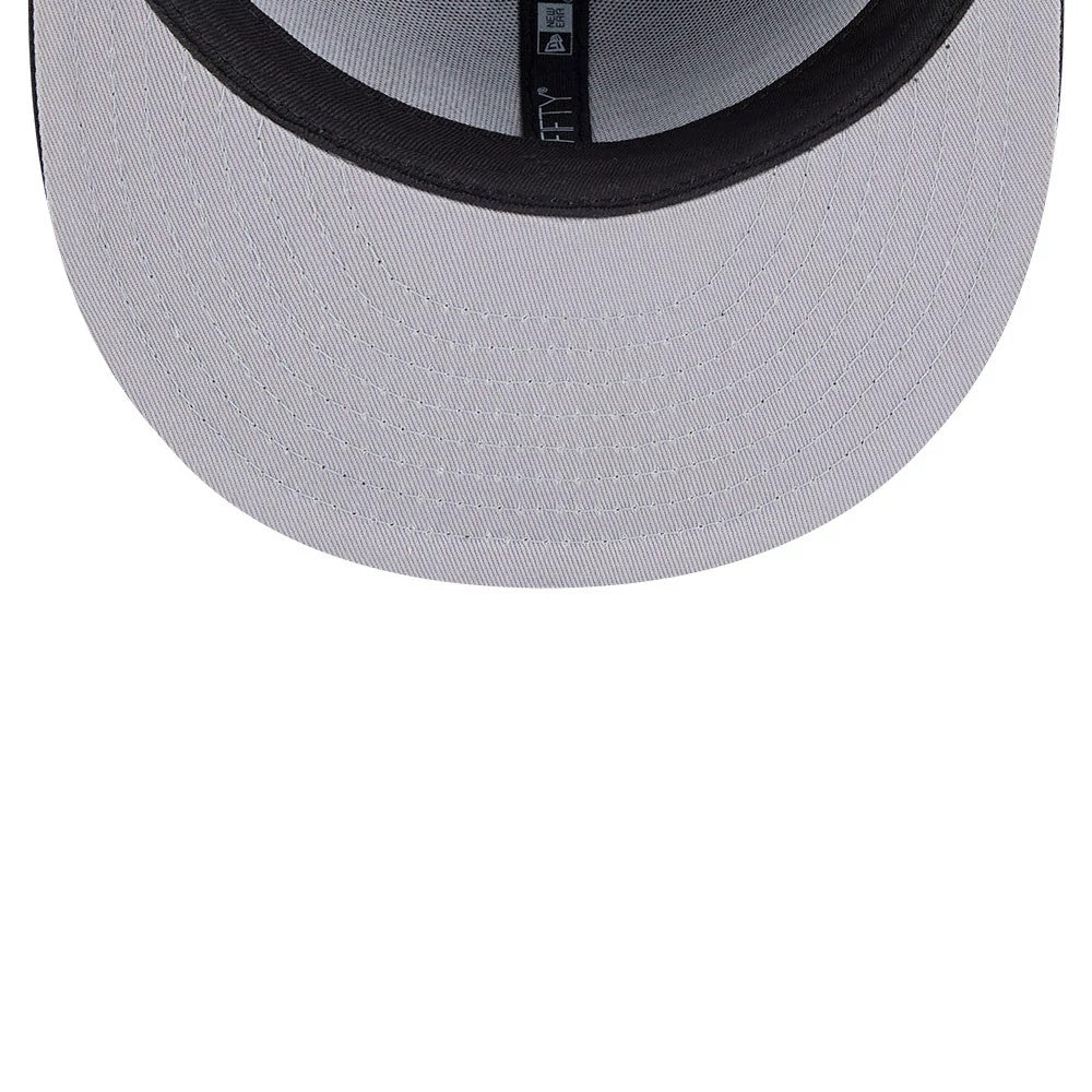 Athletics MLB Classic Black Dogear New Era 59FIFTY Fitted Cap, inside view showing the black sweatband, grey undervisor and black interior taping with 59FIFTY branding.