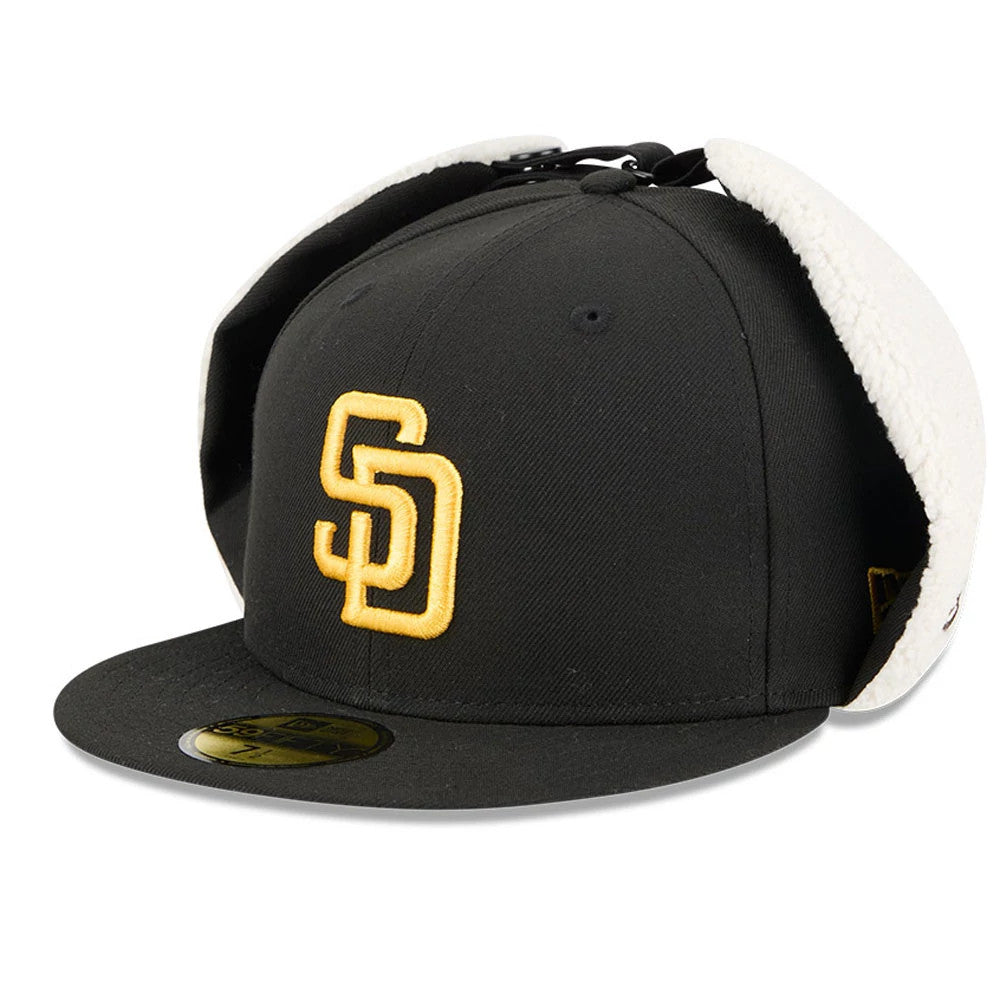 San Diego Padres MLB Classic Black Dogear New Era 59FIFTY Fitted Cap, three-quarter view showing a raised gold SD logo on the front panel, with white fleece-lined ear flaps, a black visor and a gold 59FIFTY size sticker.