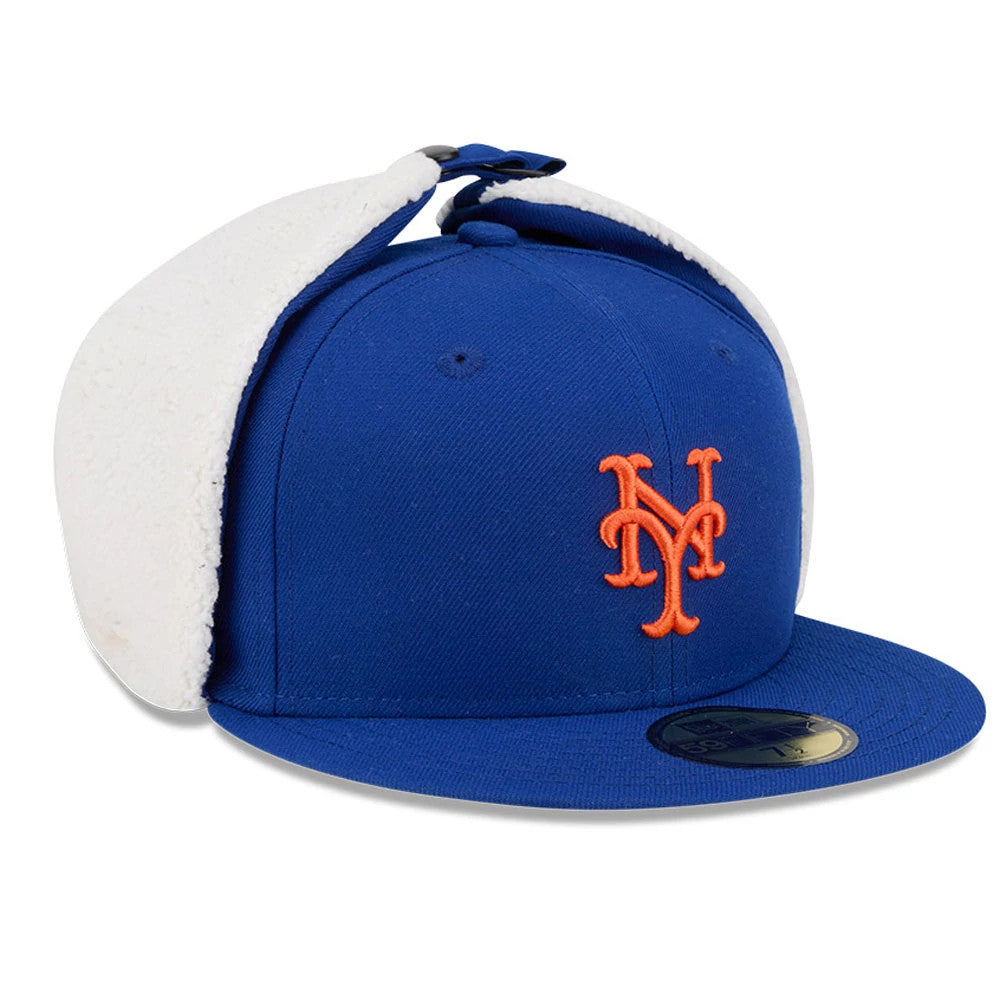 New York Mets MLB Classic Blue Dogear New Era 59FIFTY Fitted Cap, three-quarter view showing the orange embroidered NY logo on the front panel, with white dogears and a blue flat visor featuring a gold 59FIFTY size sticker.
