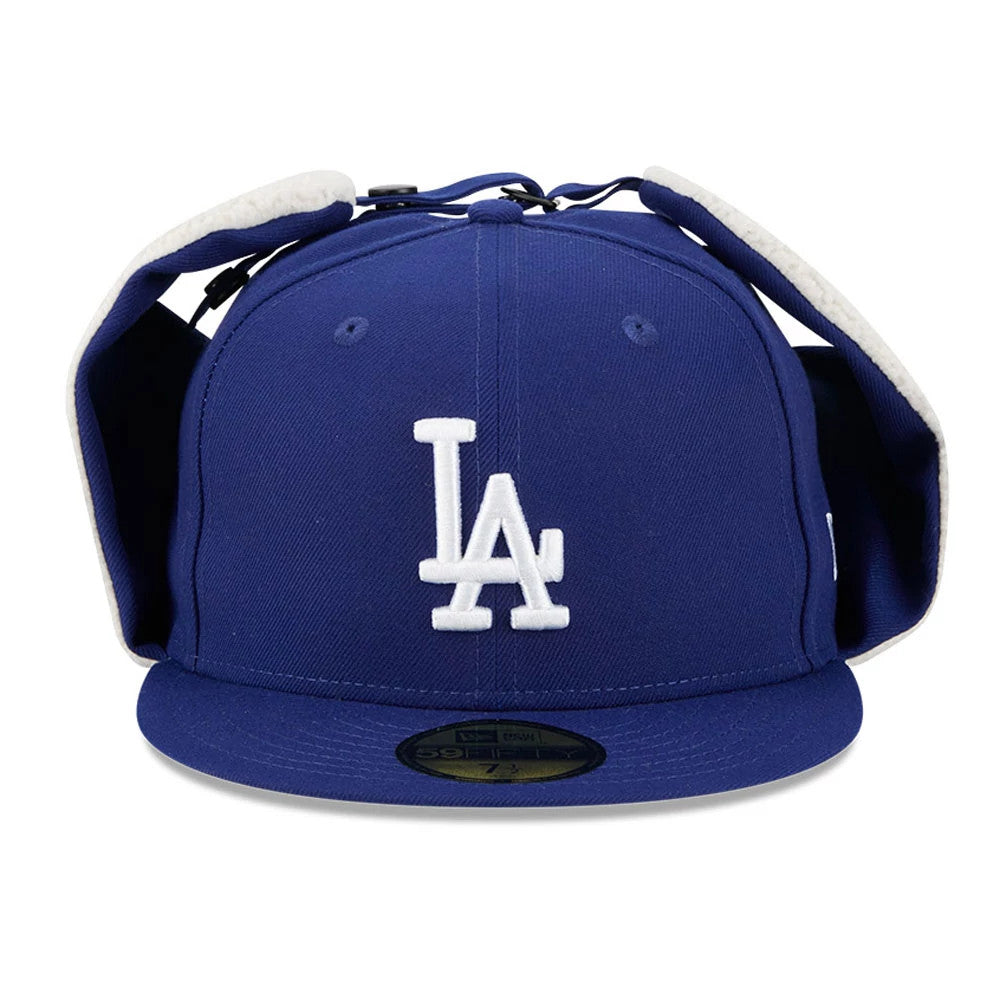 LA Dodgers MLB Classic Dark Blue Dogear New Era 59FIFTY Fitted Cap, front view showing the white raised LA logo embroidered on the structured dark blue crown with extended dogear flaps and a dark blue flat visor with a gold 59FIFTY size sticker.