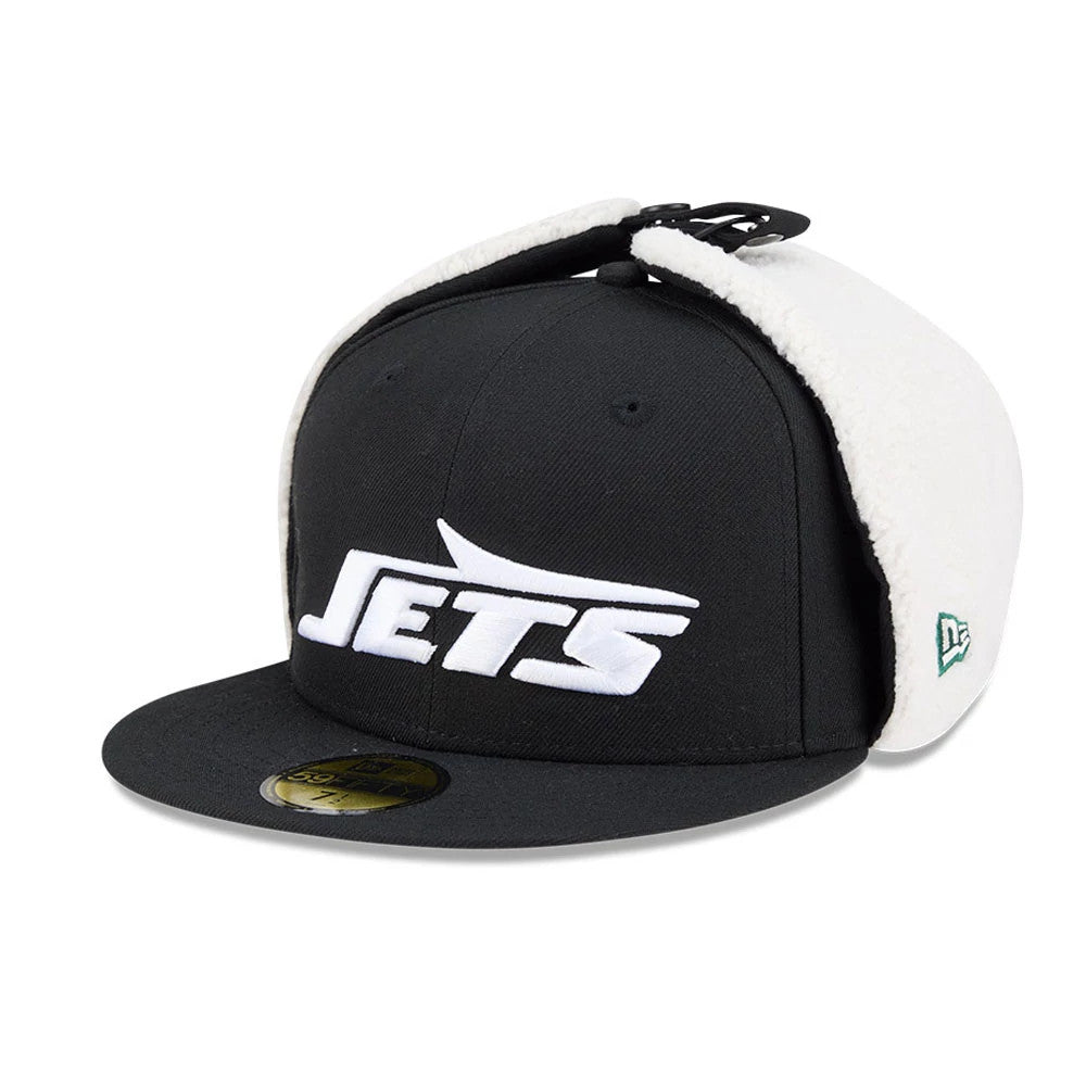 New York Jets NFL Classic Black Dogear New Era 59FIFTY Fitted Cap, three-quarter view showing the white raised embroidered Jets logo on the front, black flat visor with a gold 59FIFTY size sticker, and white fleece dogear flaps.