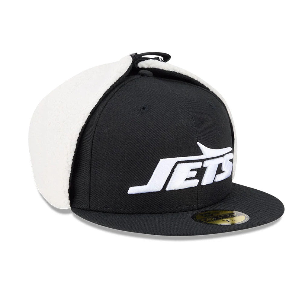 New York Jets NFL Classic Black Dogear New Era 59FIFTY Fitted Cap, three-quarter view showing the raised white Jets logo embroidered on the front panels, with black visor, gold 59FIFTY size sticker and white dogear flaps.