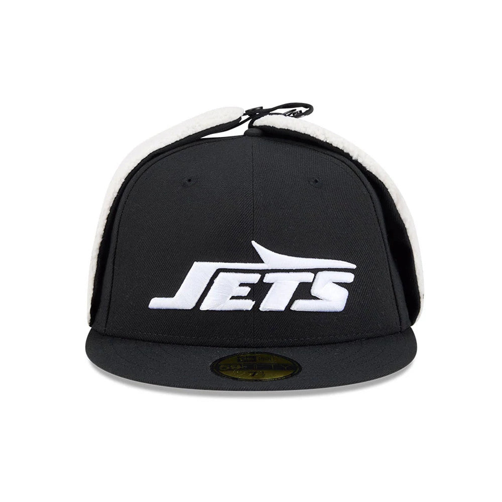 New York Jets NFL Classic Black Dogear New Era 59FIFTY Fitted Cap, front view showing the white raised Jets wordmark on the structured black crown, with a black flat visor and gold 59FIFTY size sticker.