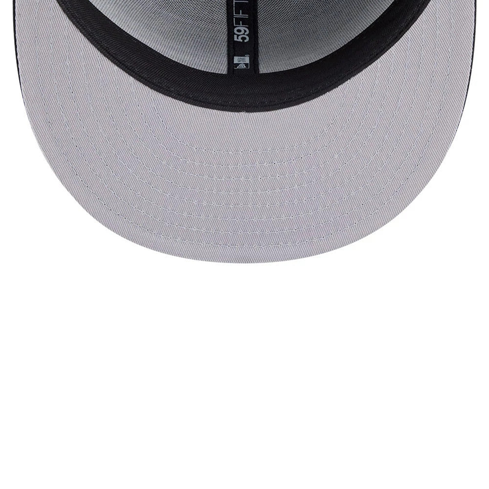 New York Jets NFL Classic Black Dogear New Era 59FIFTY Fitted Cap, inside view showing the grey undervisor, black sweatband, and New Era branded taping along the seams inside the structured crown.