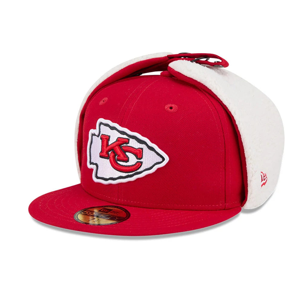 Kansas City Chiefs NFL Classic Red Dogear New Era 59FIFTY Fitted Cap, three-quarter view showing red and white embroidered KC logo on the front panel, red flat visor with gold 59FIFTY size sticker, and white sherpa-lined earflaps.