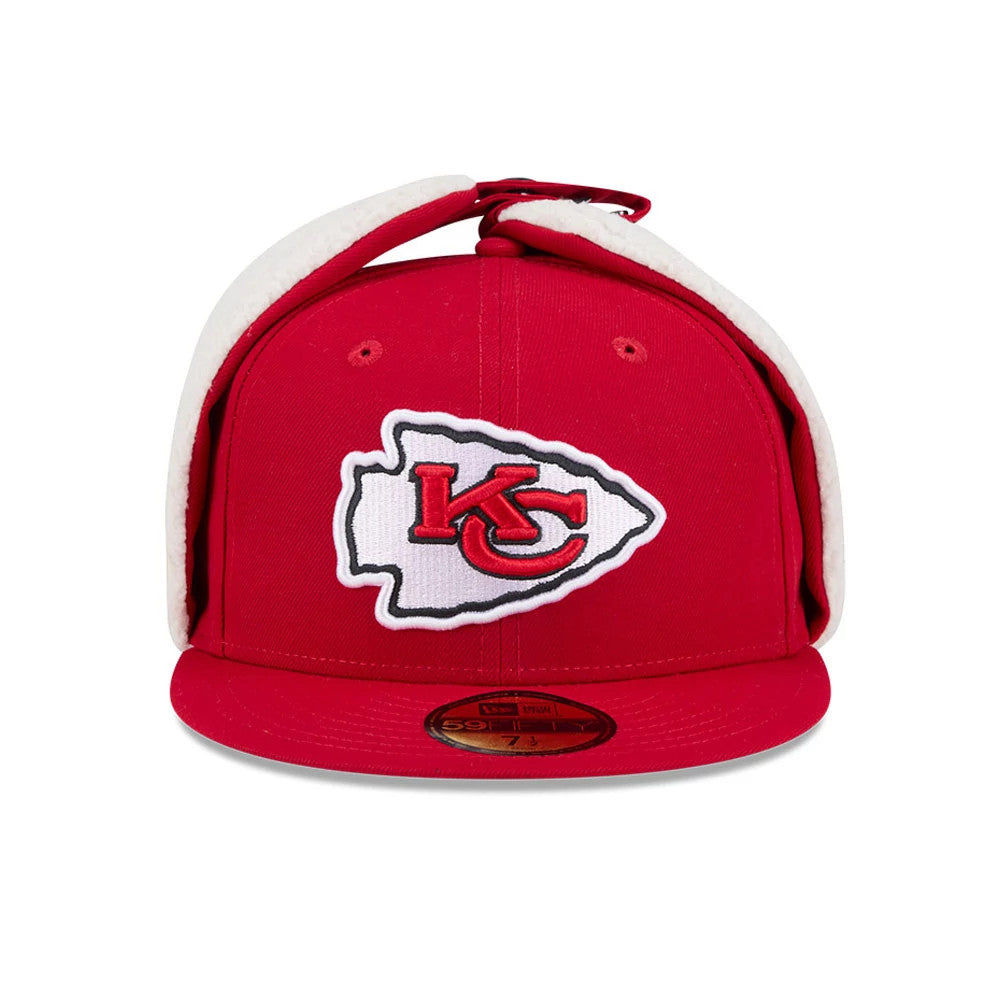 Kansas City Chiefs NFL Classic Red Dogear New Era 59FIFTY Fitted Cap, front view showing the raised embroidered KC arrowhead logo on the red front panels, with fluffy white interior dogears and a gold 59FIFTY size sticker on the visor.