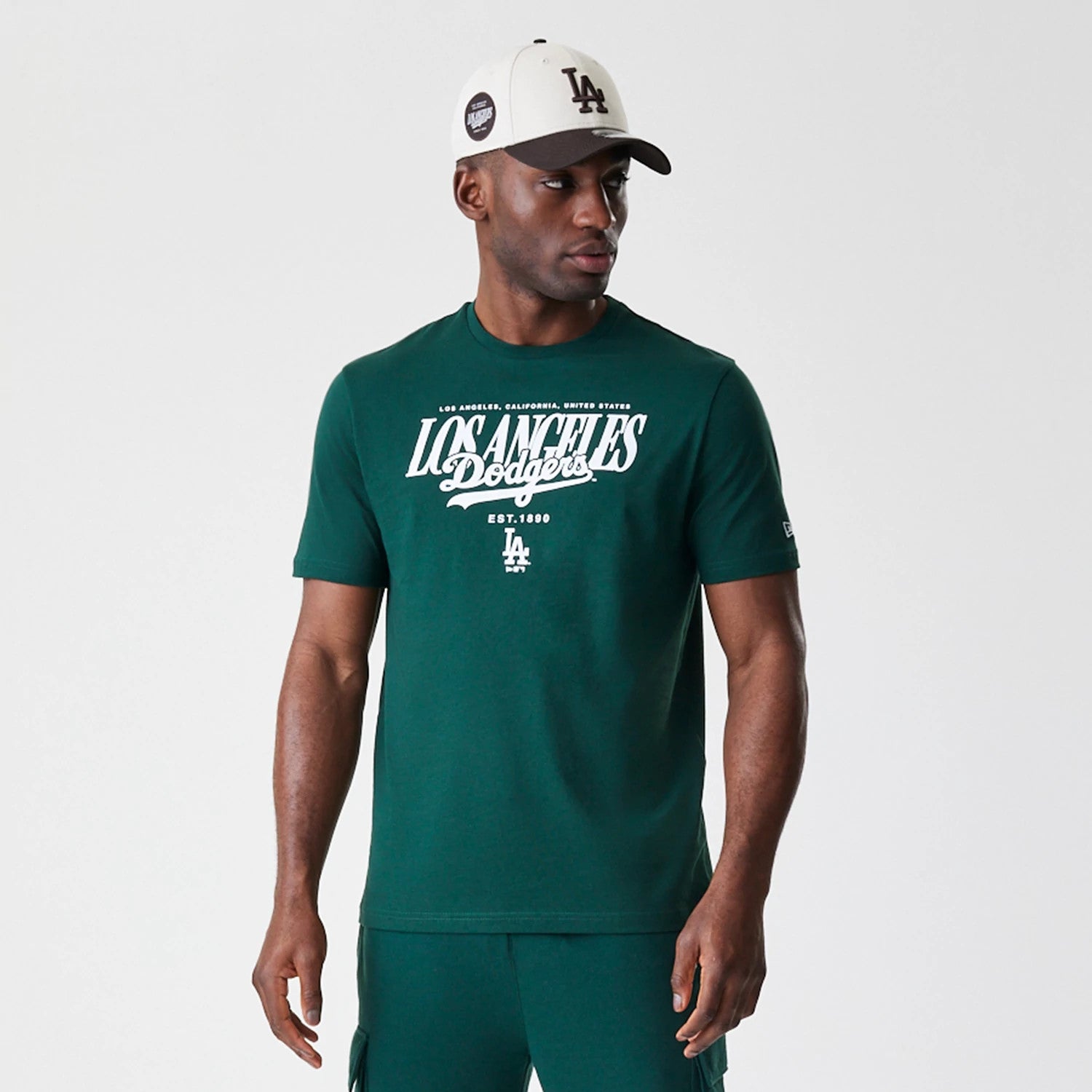The Male model is wearing LA Dodgers MLB Script Graphic Dark Green T-Shirt 3