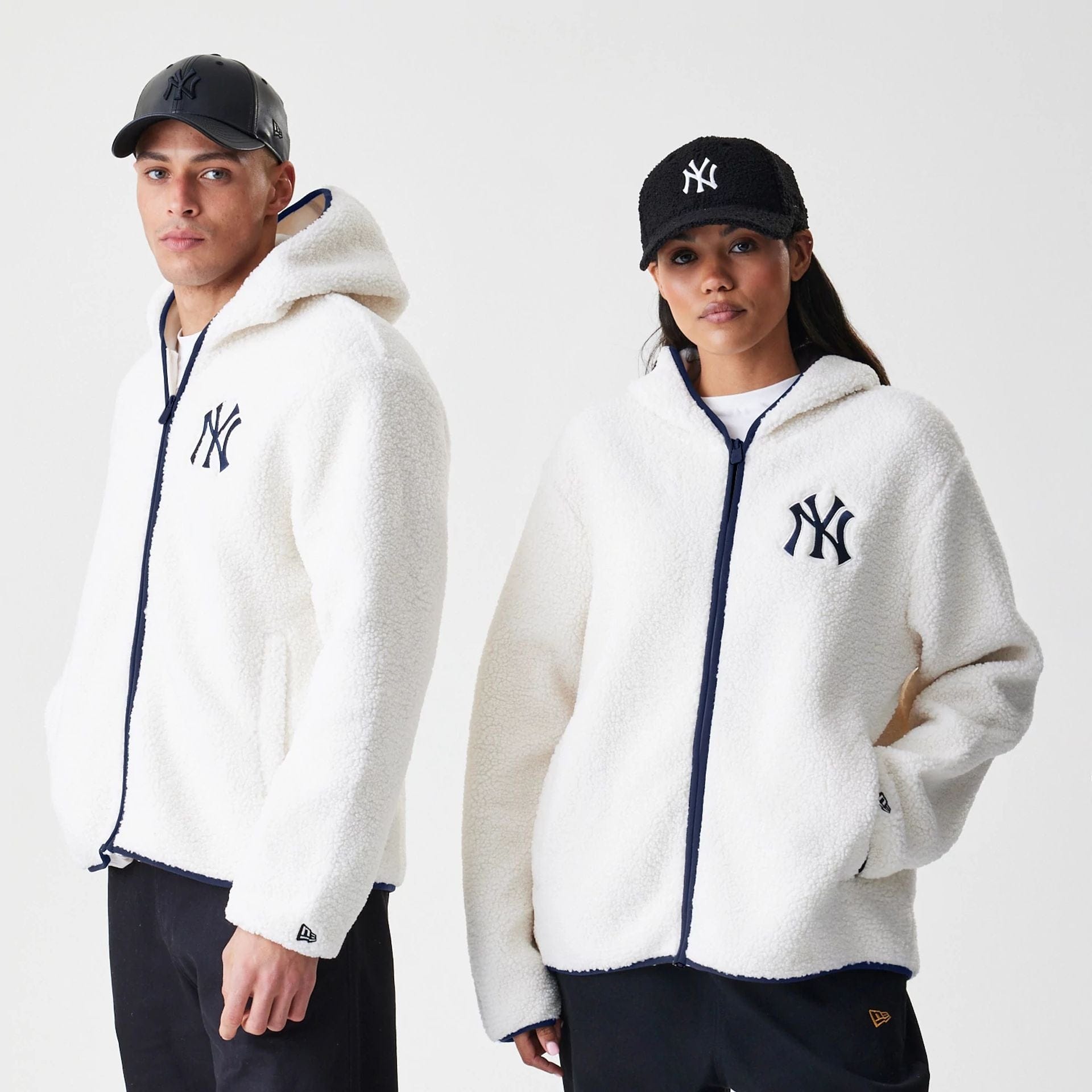 The Male model is wearing New York Yankees MLB Open White Hooded Sherpa Jacket 1