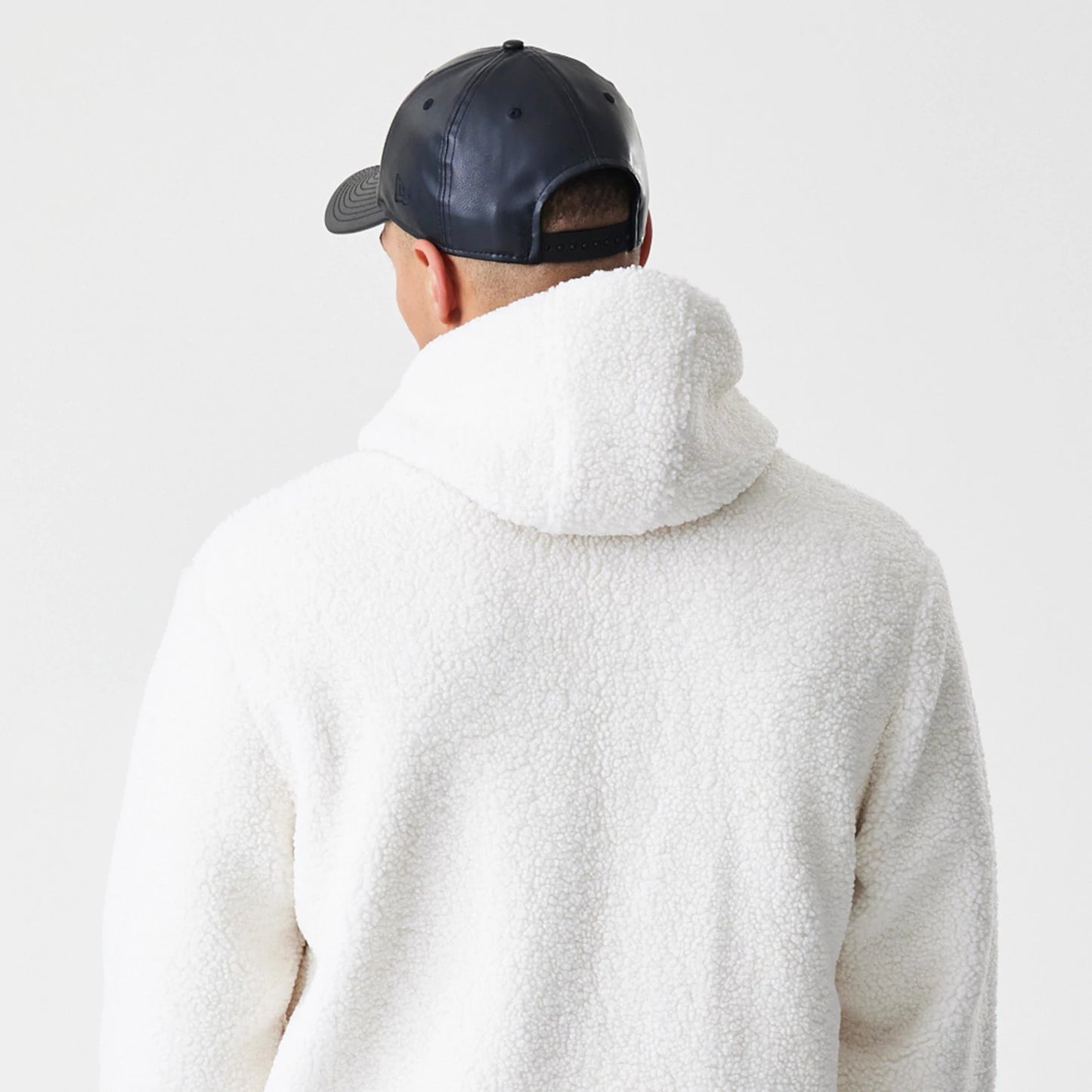 The Male model is wearing New York Yankees MLB Open White Hooded Sherpa Jacket 8