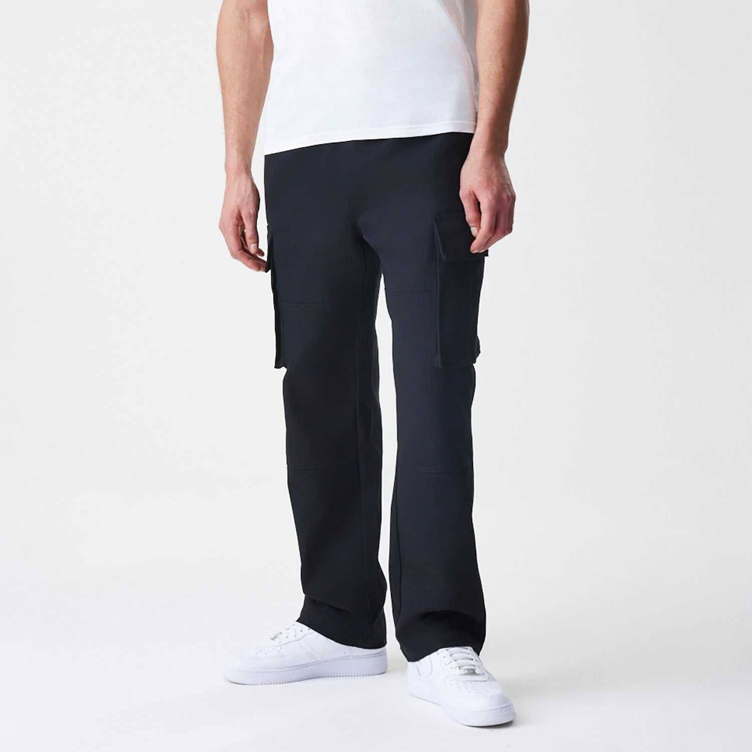 The Male model is wearing New Era Cargo Black Straight Leg Trousers 3