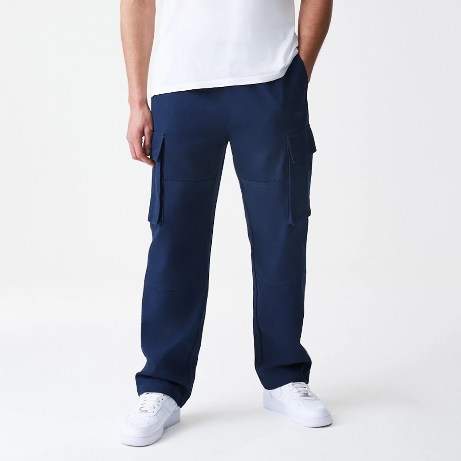 The Male model is wearing New Era Navy Straight Leg Cargo Trousers 3