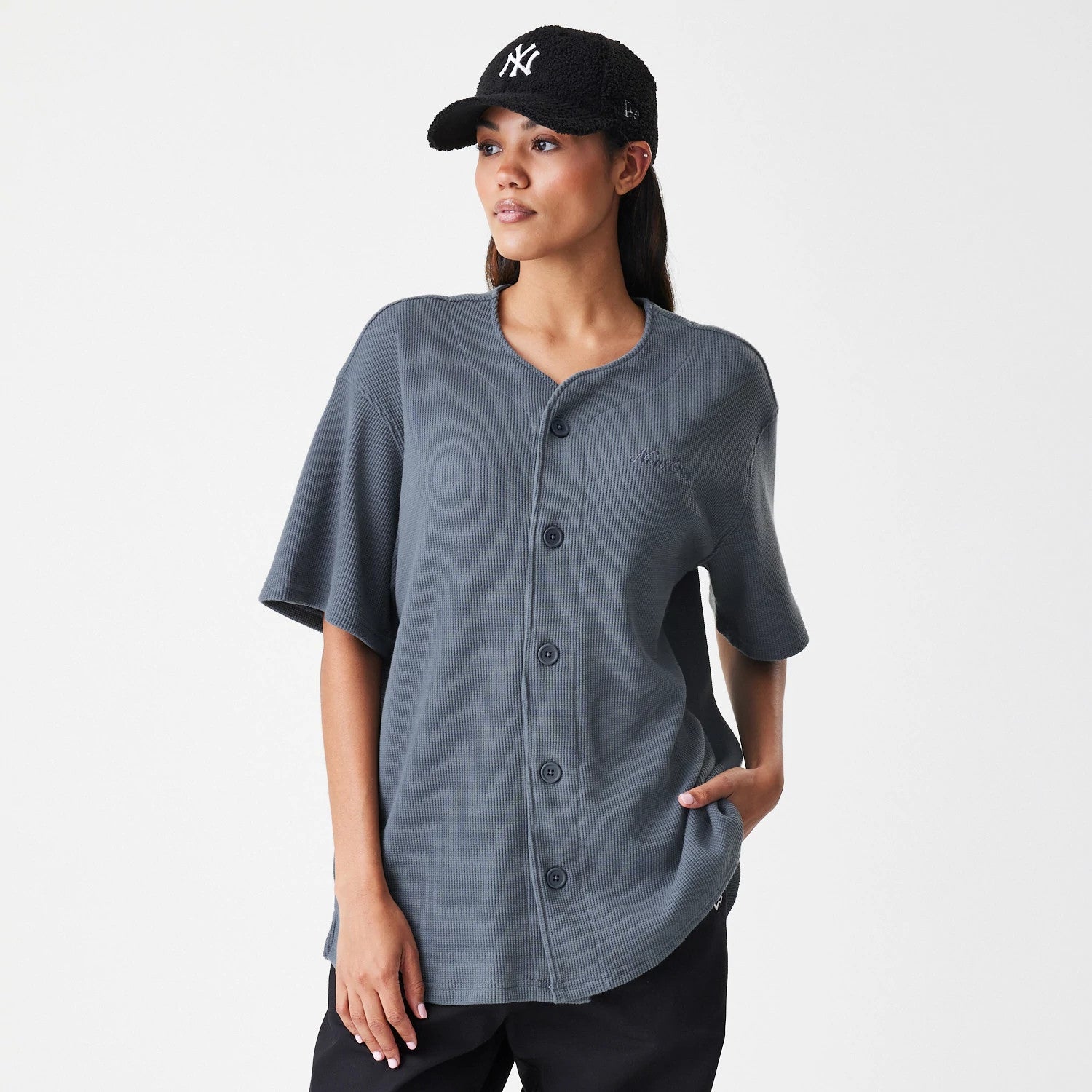 The Male model is wearing New Era Waffle Dark Grey Jersey 4