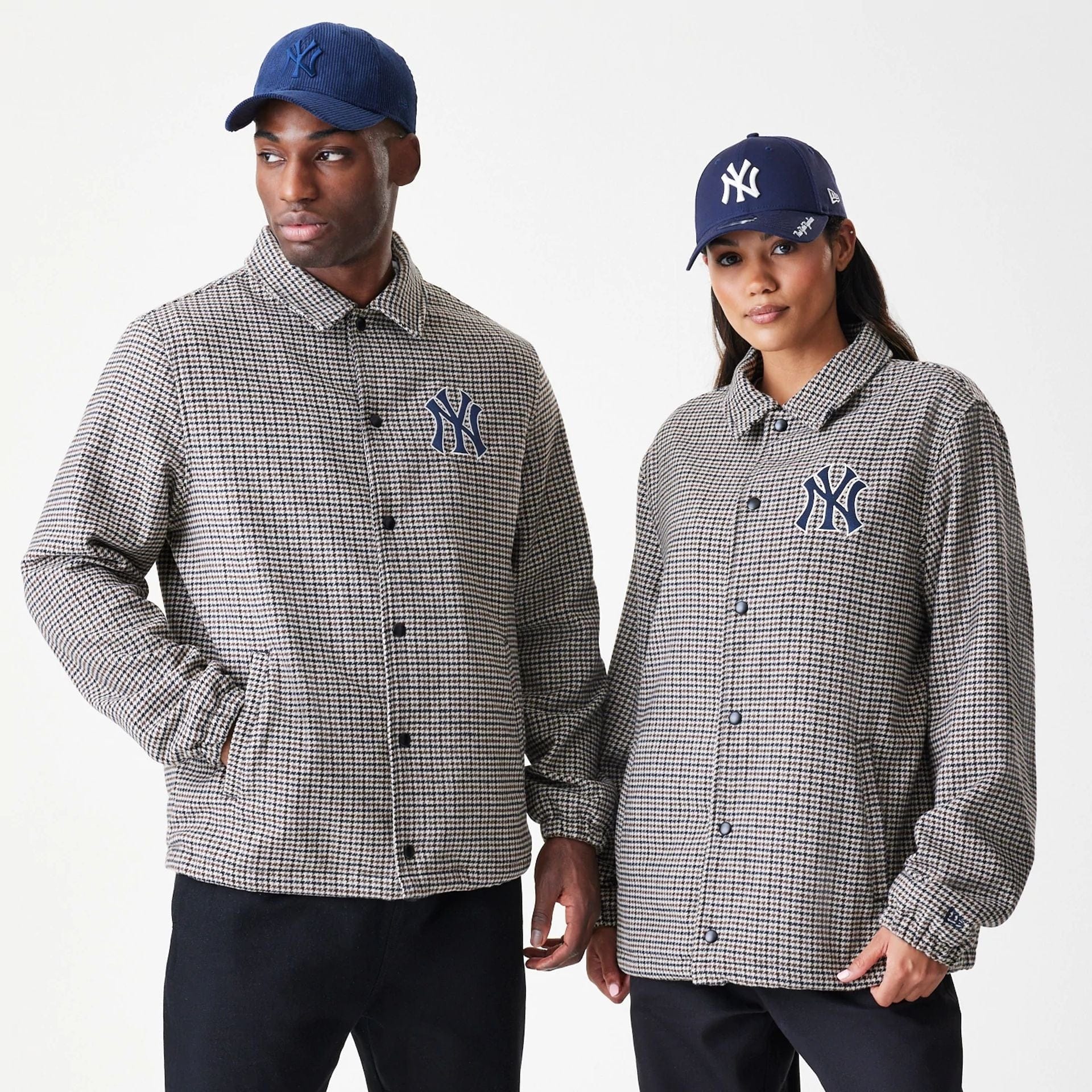 The Male model is wearing New York Yankees MLB Check Brown Jacket 1