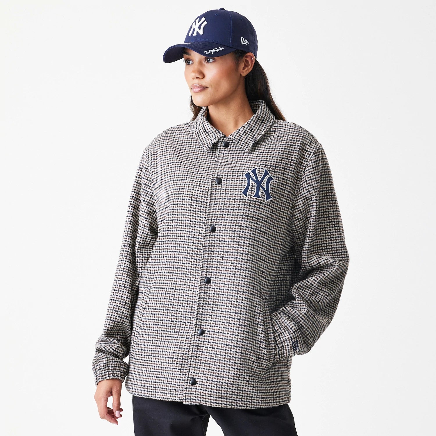 The Male model is wearing New York Yankees MLB Check Brown Jacket 4