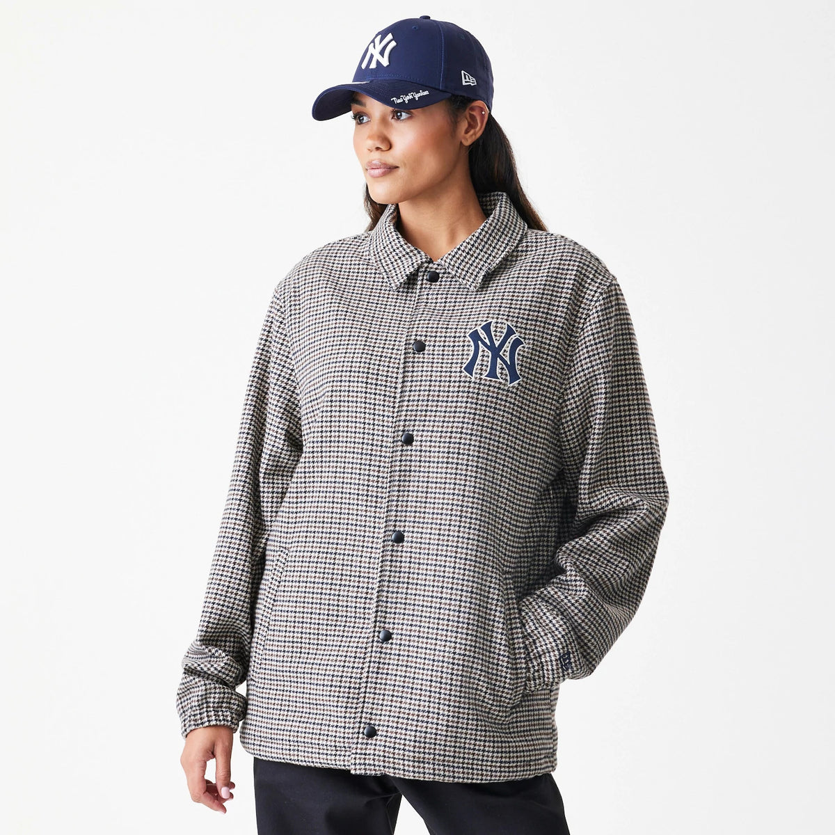 The Male model is wearing New York Yankees MLB Check Brown Jacket 4