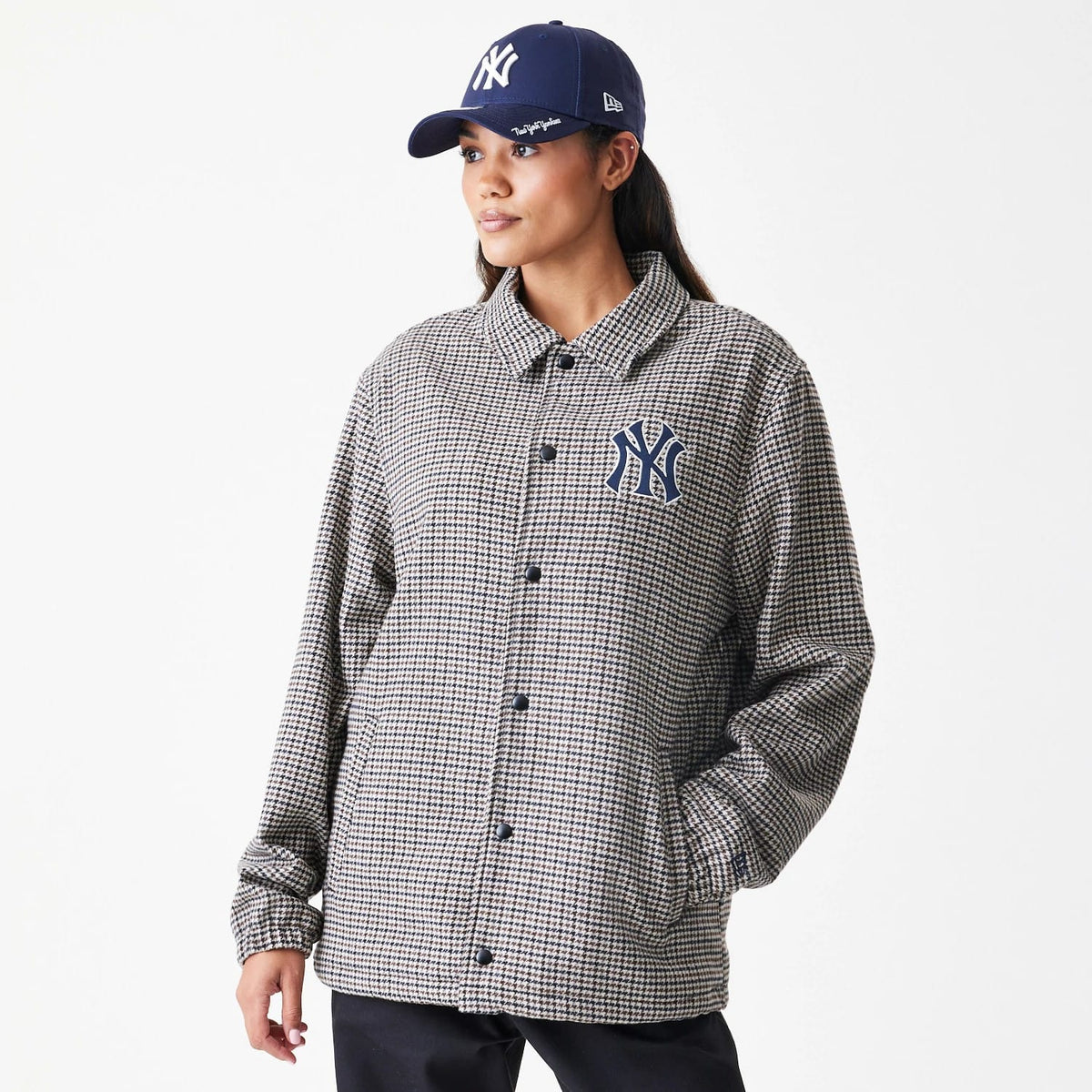The Male model is wearing New York Yankees MLB Check Brown Jacket 4