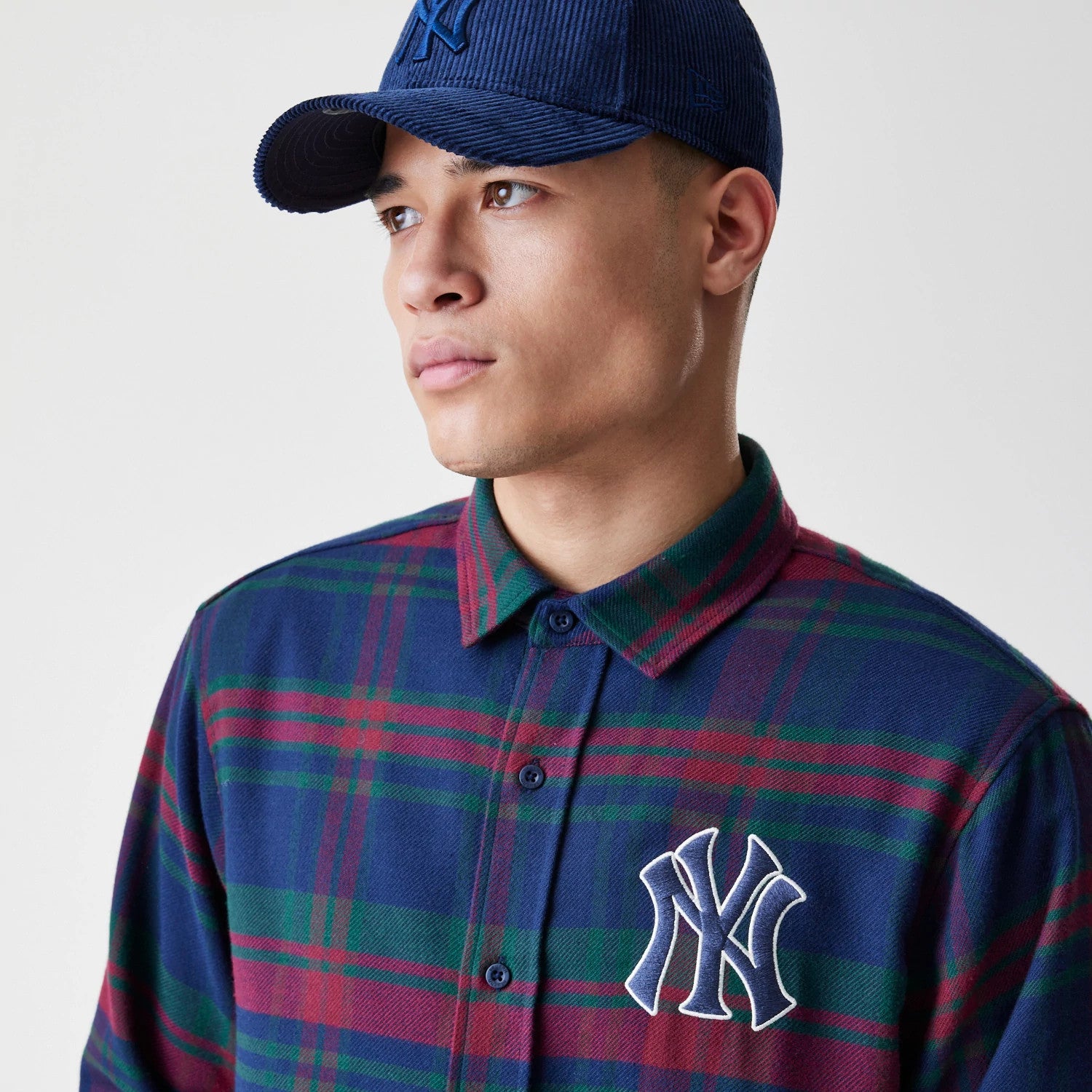 The Male model is wearing New York Yankees MLB Check Navy Long Sleeve Shirt 4