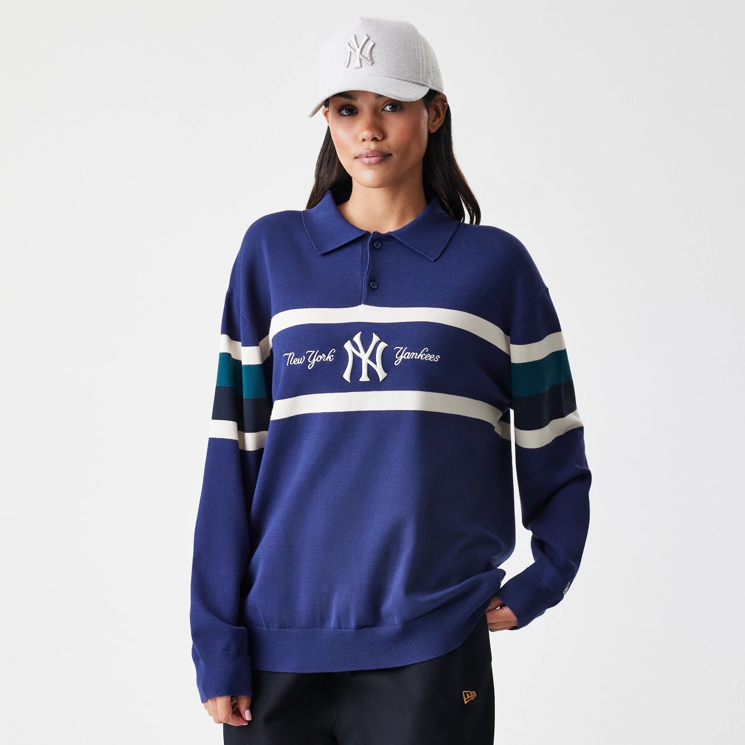 The Male model is wearing New York Yankees MLB Knit Navy Rugby Shirt 4