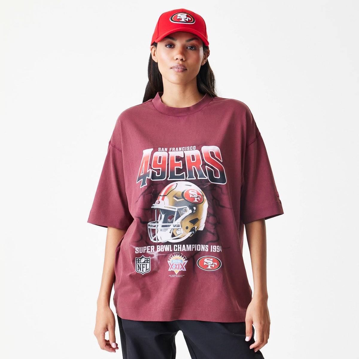 The Male model is wearing San Francisco 49ers NFL Washed Boxy Dark Red Oversized T-Shirt 4
