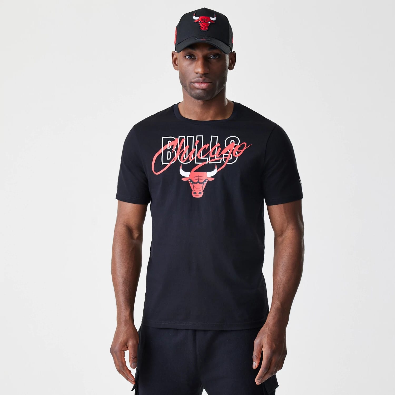 The Male model is wearing Chicago Bulls NBA Script Black T-Shirt 1
