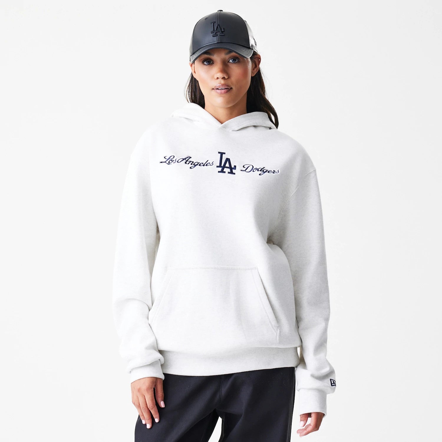 The Male model is wearing LA Dodgers MLB Script White Oversized Pullover Hoodie 4