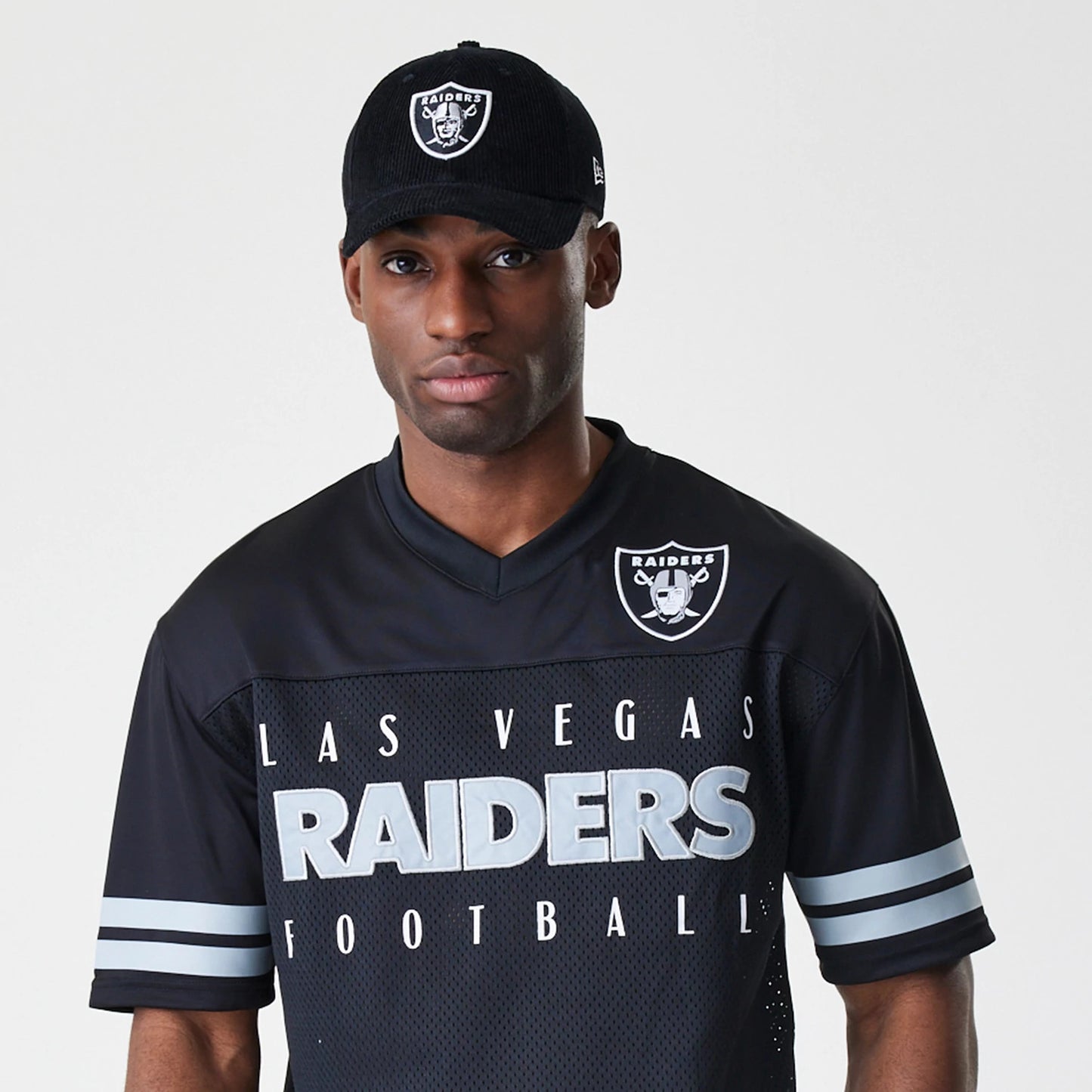 The Male model is wearing Las Vegas Raiders Script NFL Mesh Black Jersey 7