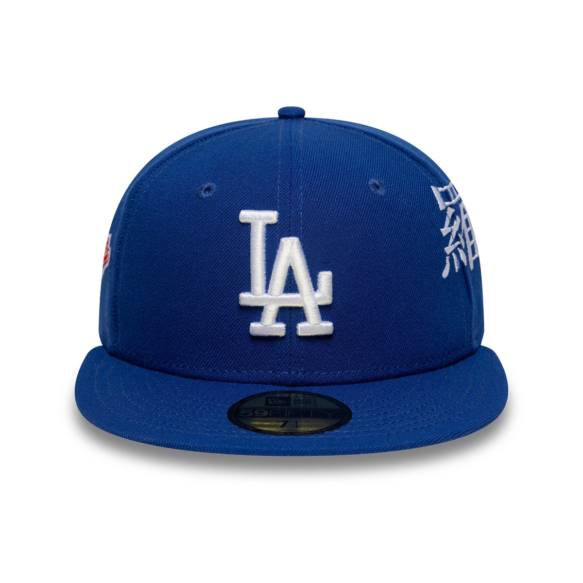 LA Dodgers MLB Poly Kanji Blue New Era 59FIFTY Fitted Cap, front view showing raised white embroidered LA logo on the blue crown and white kanji characters on the side, with a black 59FIFTY size sticker on the visor.