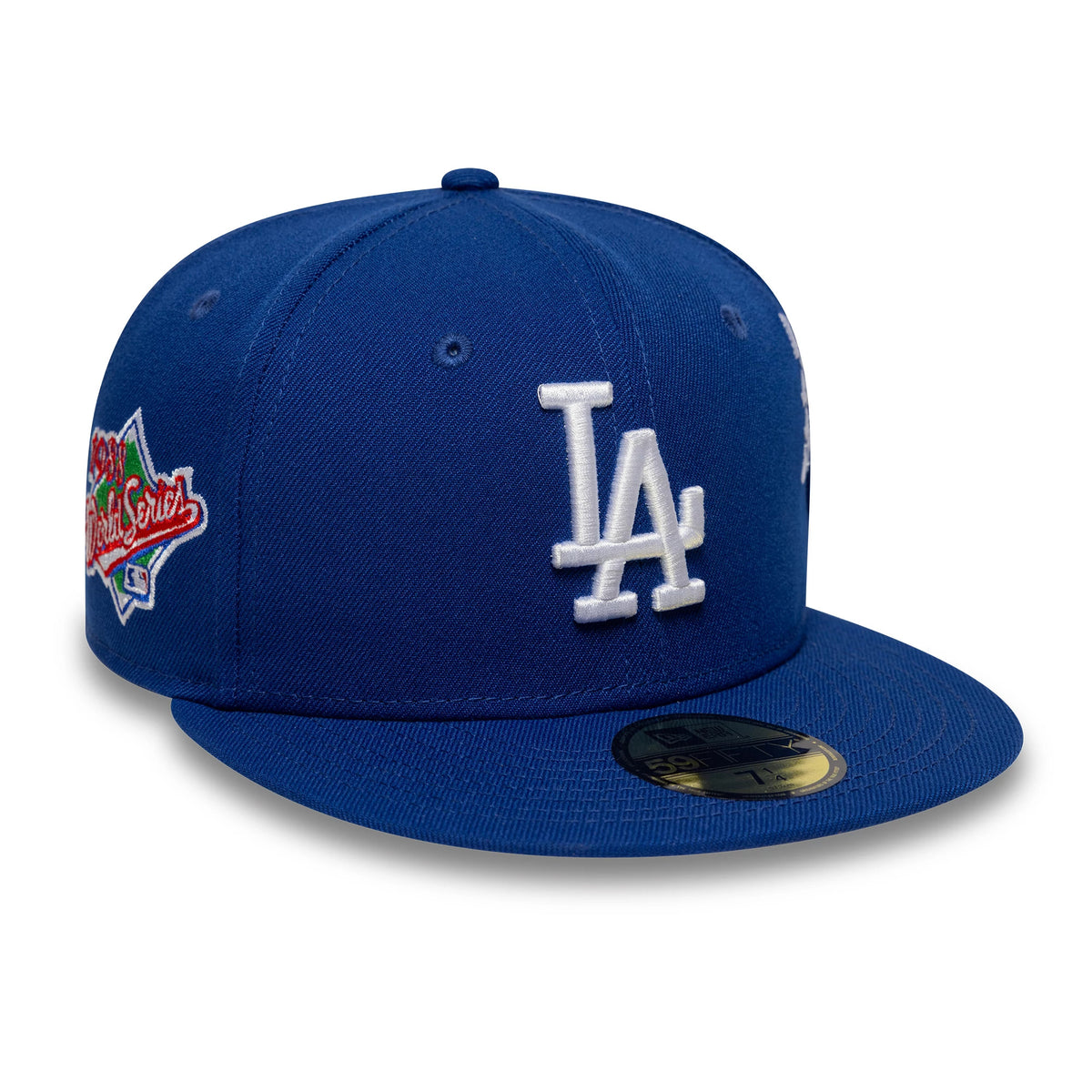 LA Dodgers MLB Poly Kanji Blue New Era 59FIFTY Fitted Cap, three-quarter view showing the white raised embroidered LA logo on the front panel, blue flat visor with gold 59FIFTY size sticker, and a colourful side patch.