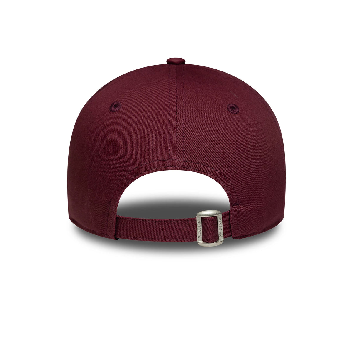 LA Dodgers Womens MLB League Essential Dark Red New Era 9TWENTY Adjustable Cap, rear view showing the dark red fabric strap with a buckle, set against the structured crown with matching eyelets and top button.