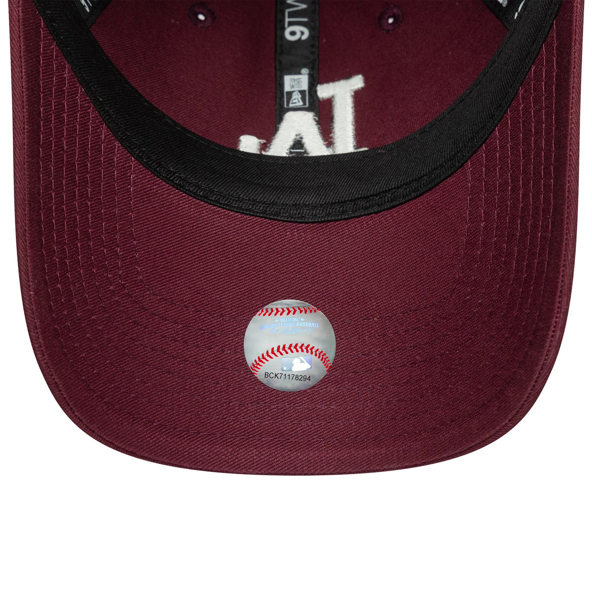 LA Dodgers Womens MLB League Essential Dark Red New Era 9TWENTY Adjustable Cap, inside view showing the dark red undervisor, official MLB holographic sticker, black taping, and black sweatband.