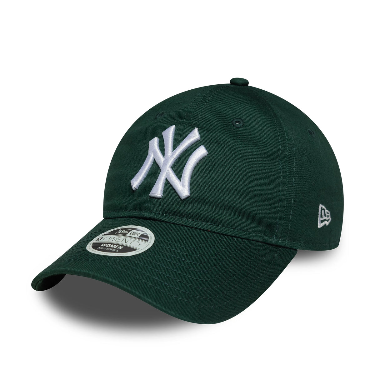 New York Yankees Womens MLB League Essential Dark Green New Era 9TWENTY Adjustable Cap, front view showing a raised white embroidered NY logo on the structured dark green crown, with a curved visor and a 9TWENTY size sticker.