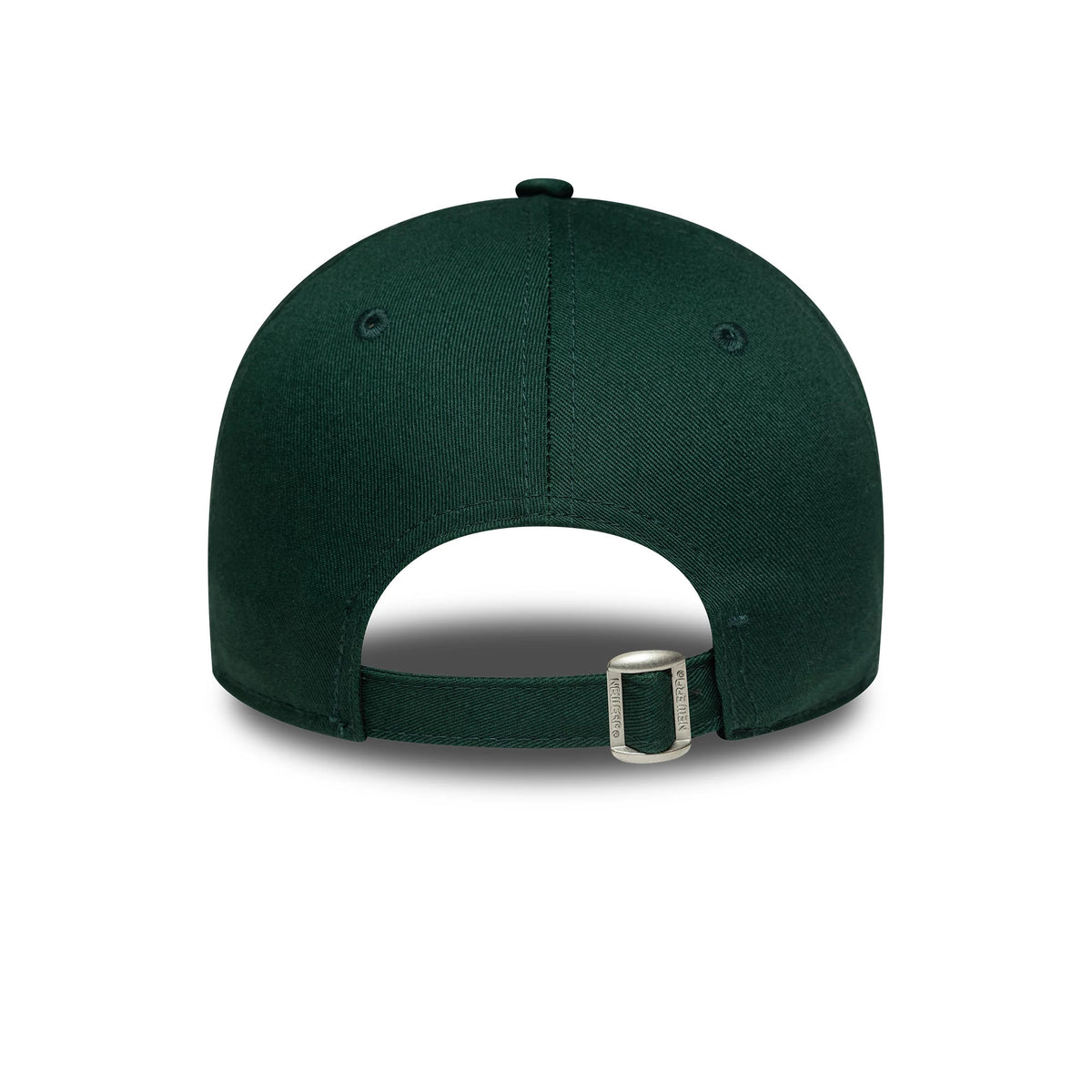 New York Yankees Womens MLB League Essential Dark Green New Era 9TWENTY Adjustable Cap, rear view showing the adjustable strap with a buckle, with minimal on the unstructured dark green crown.