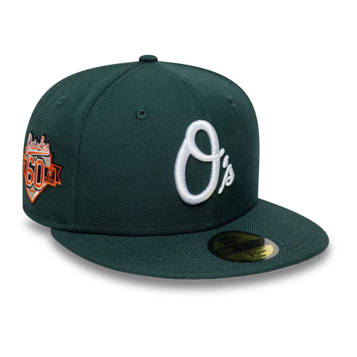 Baltimore Orioles MLB Dark Green New Era 59FIFTY Fitted Cap, three-quarter view showing the raised white embroidered O's logo on the front panel, an Orioles 60th anniversary logo on the side, and a gold 59FIFTY size sticker on the flat visor.