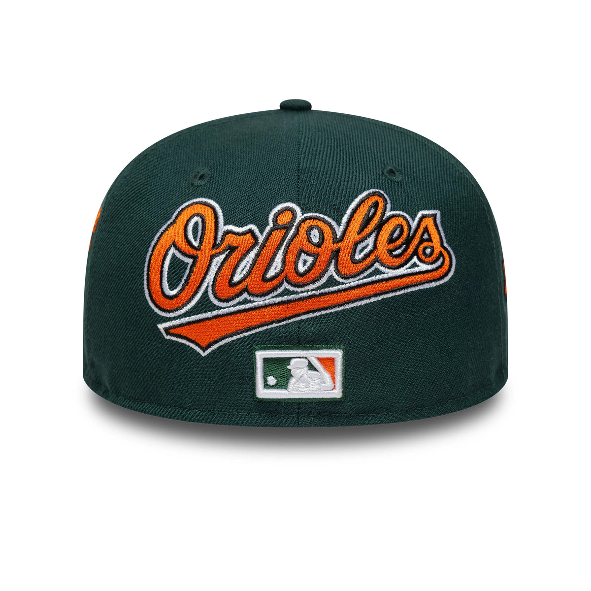 Baltimore Orioles MLB Dark Green New Era 59FIFTY Fitted Cap, rear view showing raised orange and white Orioles script embroidery above the MLB Batterman logo at the centre back of the dark green crown.